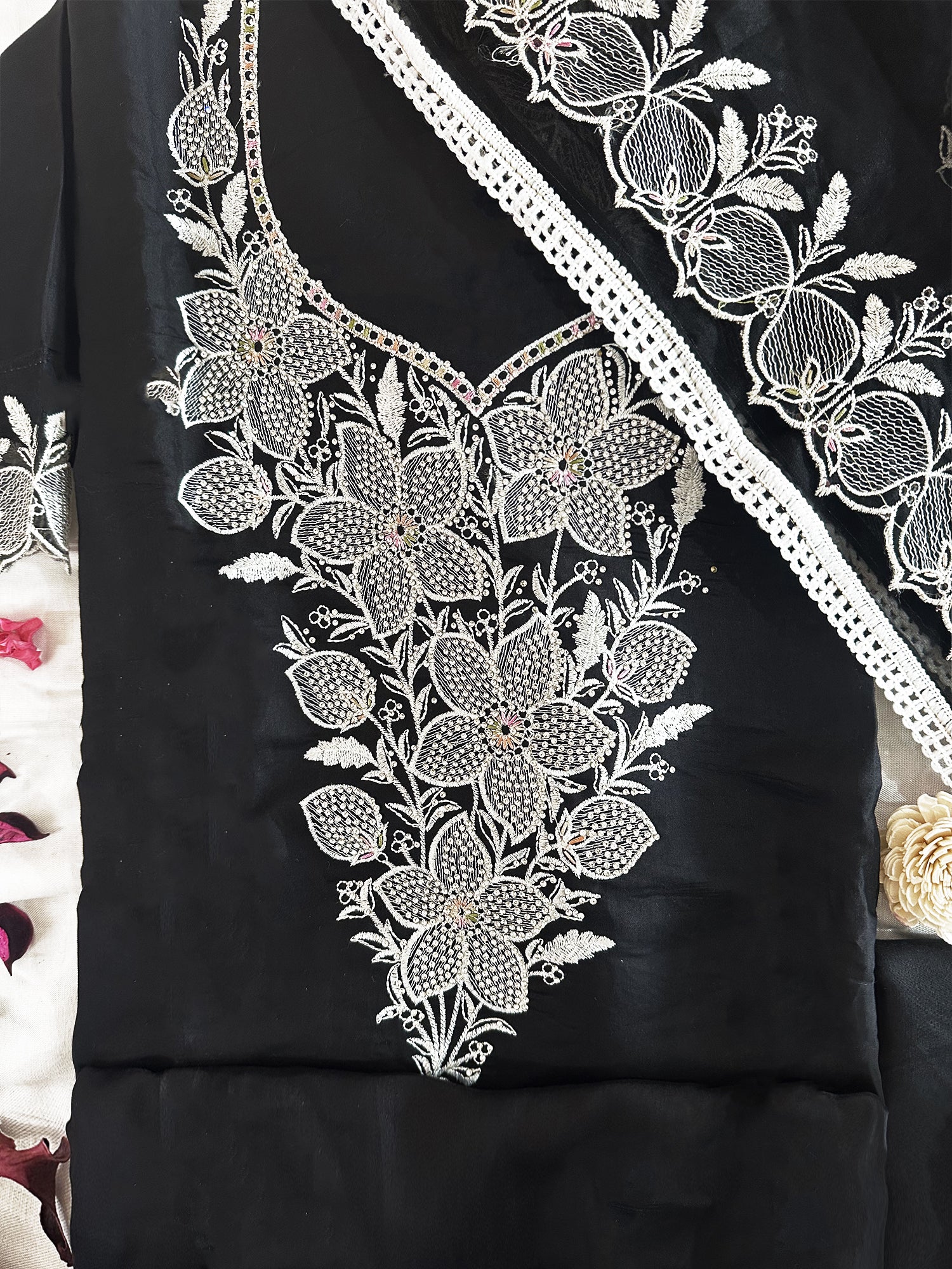 Muslin Fabric Unstitched Suit Set White and Black