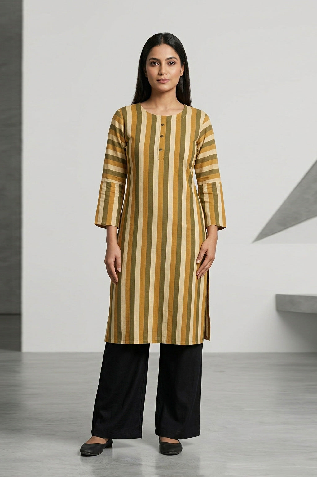 Vertical Striped Kurta & Wide-Leg Palazzo Set – Mustard Brown