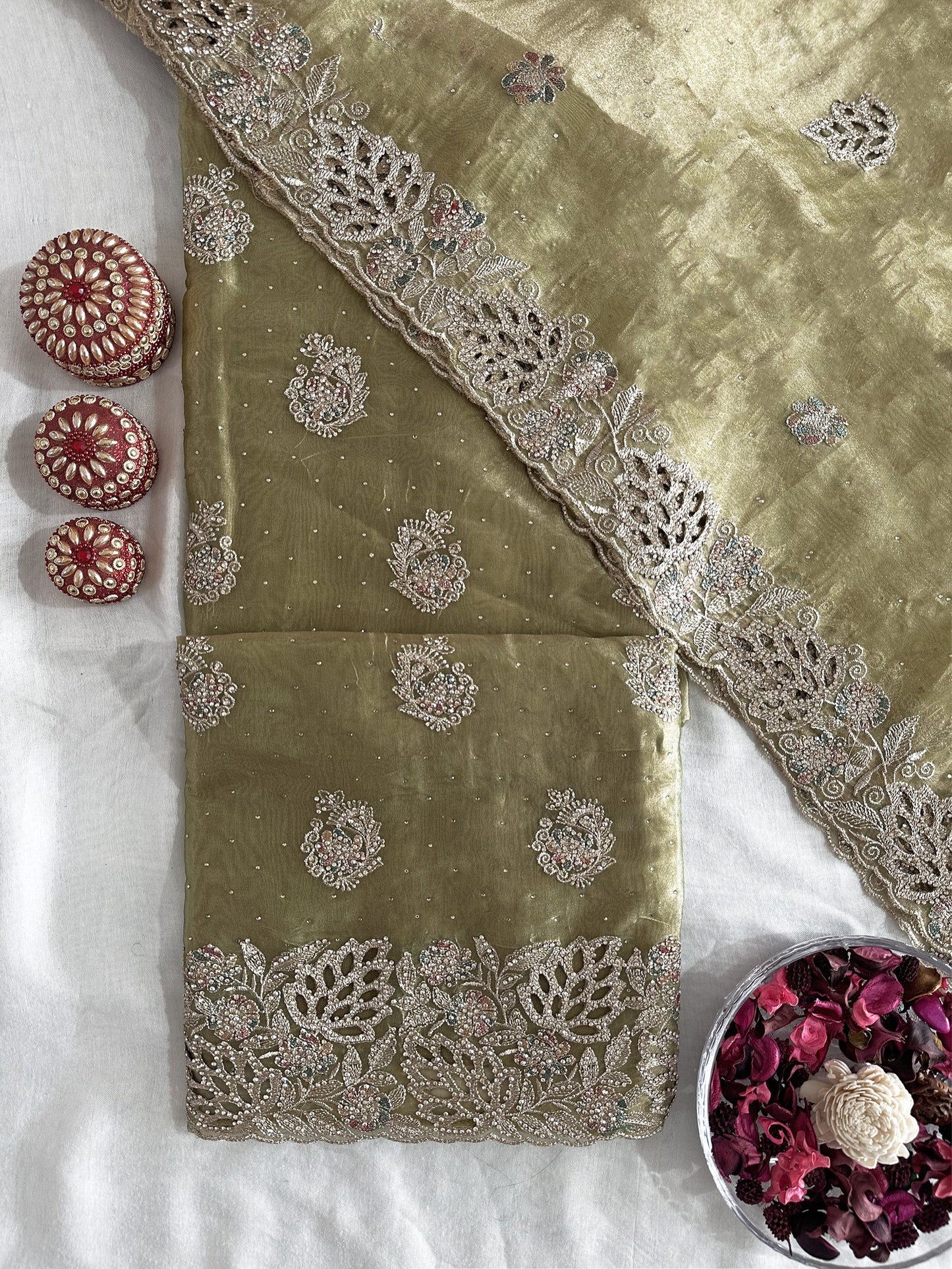 Sasha Fabric Unstitched Suit Set Gold and Green Color
