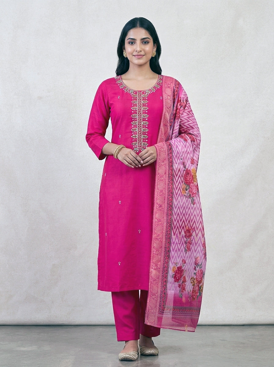 Embroidered Cotton Straight Suit Set with Printed Dupatta – Rani Pink