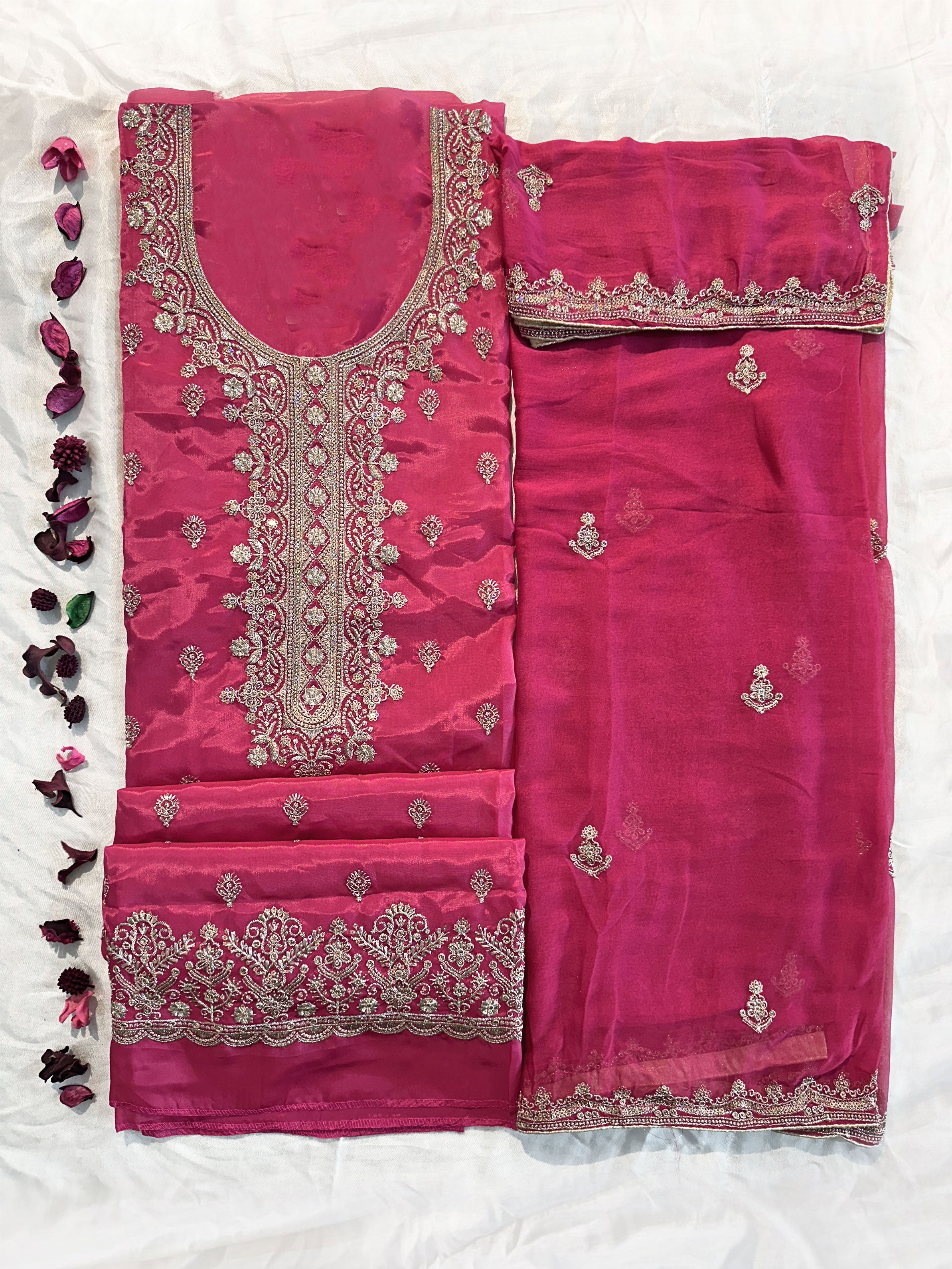 Crepe Fabric Magenta and Peach colors Unstitched Suit Set