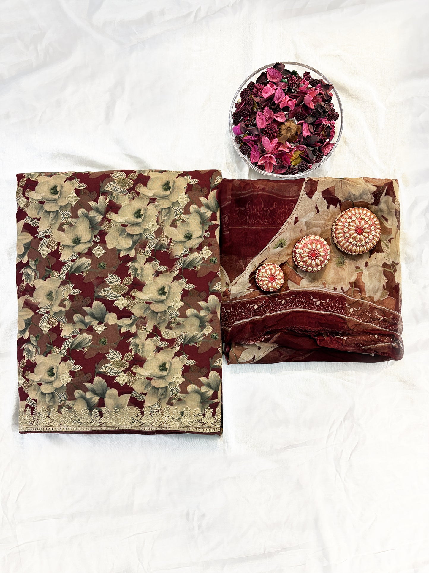 Pashmina allover printed Fabric Unstitched Suit Set | Maroon and Mustard
