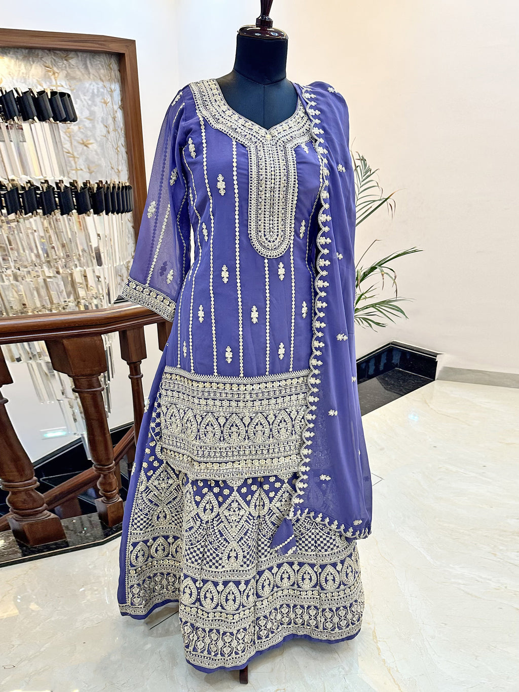 Georgette Fabric Stitched Lehenga Set Purple Color