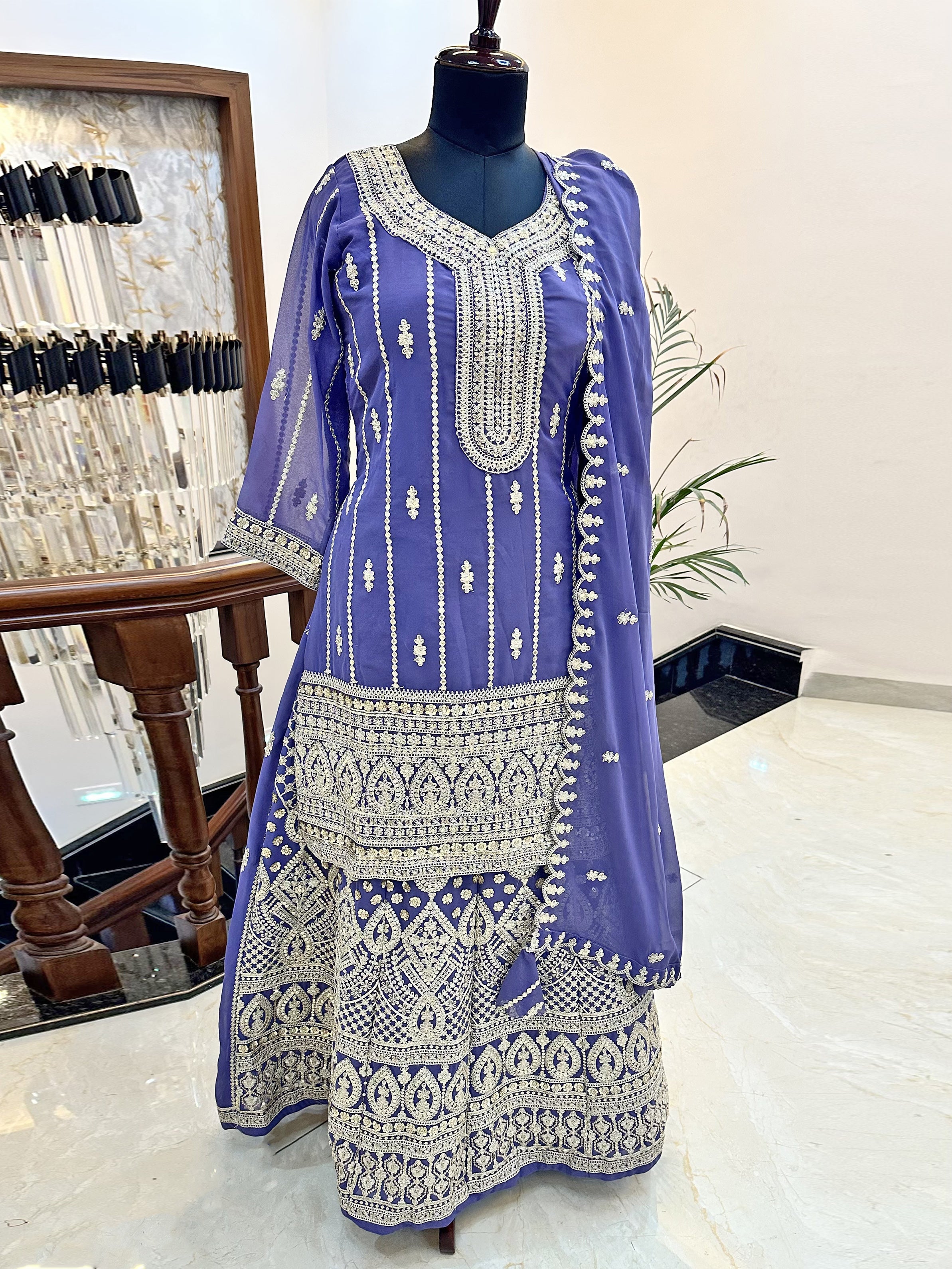 Georgette Fabric Stitched Lehenga Set Purple Color