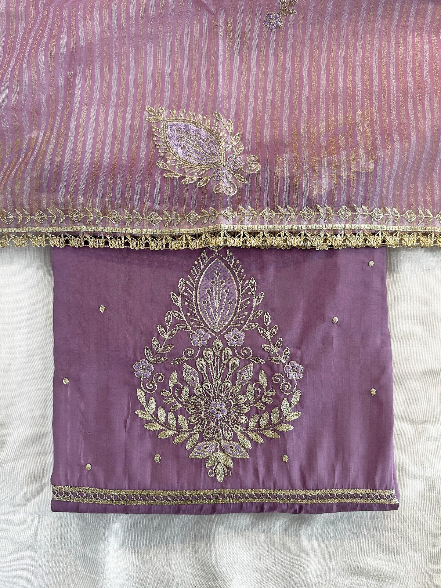 Shimmer Silk Unstitched Suit Set  Purple and Green Color