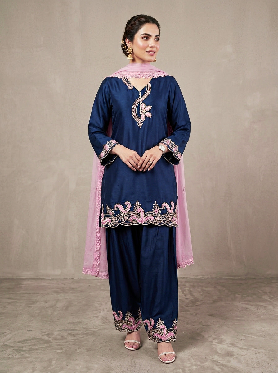 Embroidered Navy Blue Cotton Farshi Salwar Suit Set