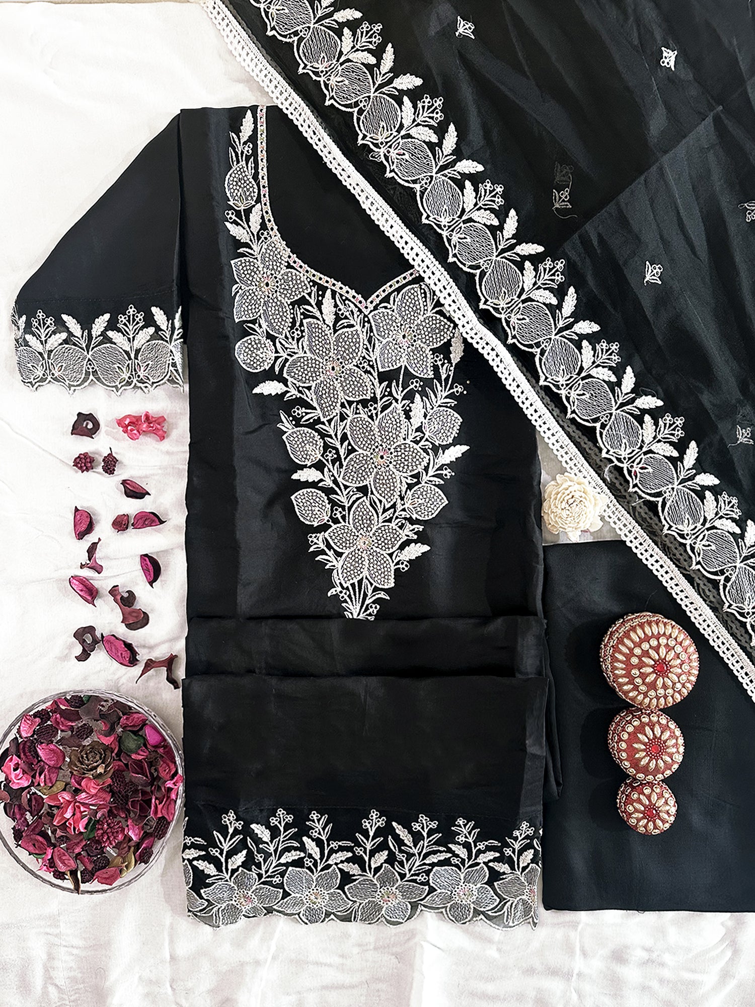 Muslin Fabric Unstitched Suit Set White and Black