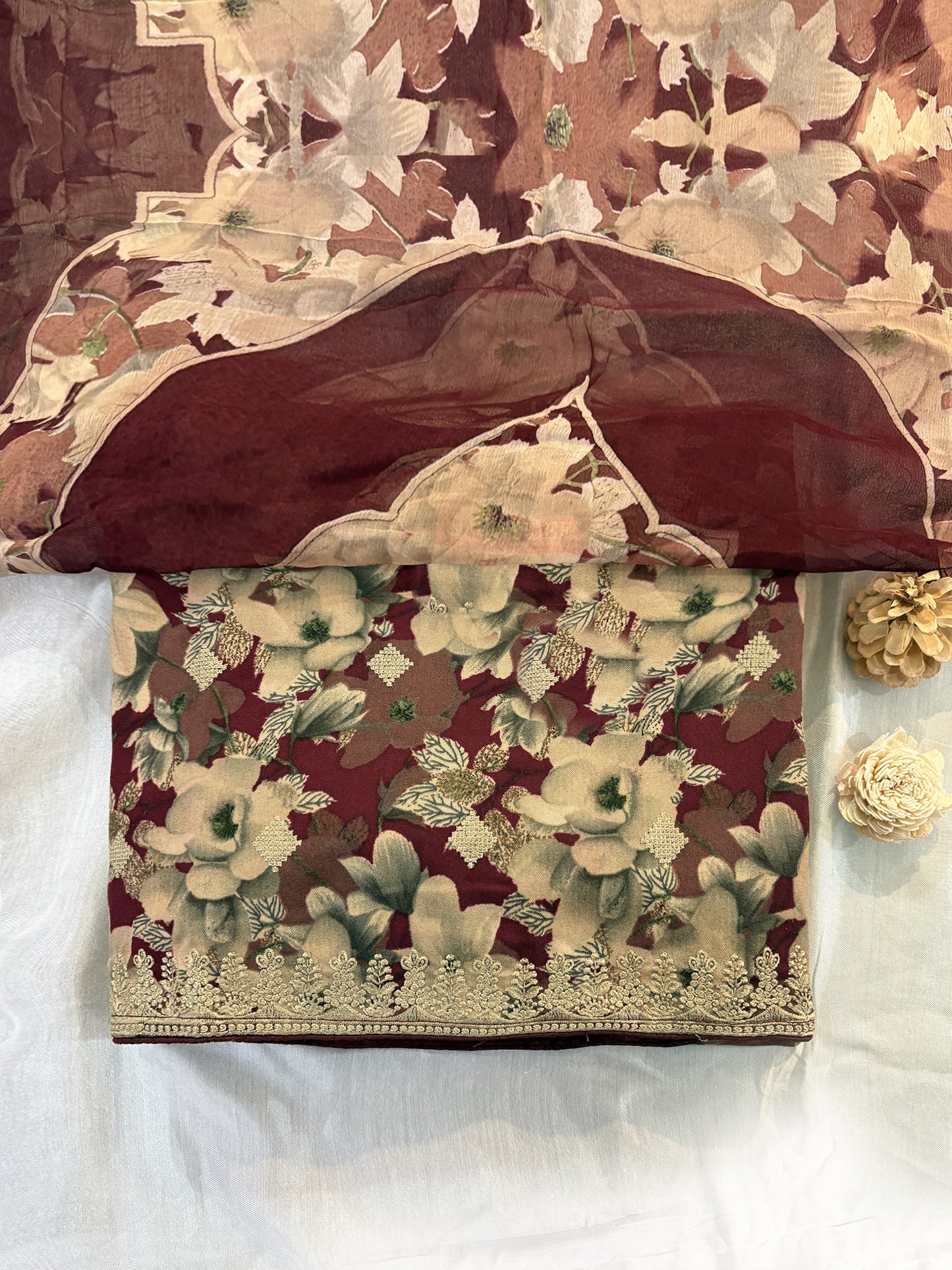 Pashmina allover printed Fabric Unstitched Suit Set | Maroon and Mustard