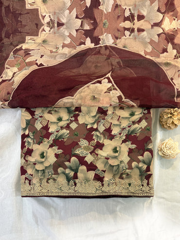 Pashmina allover printed Fabric Unstitched Suit Set | Maroon and Mustard