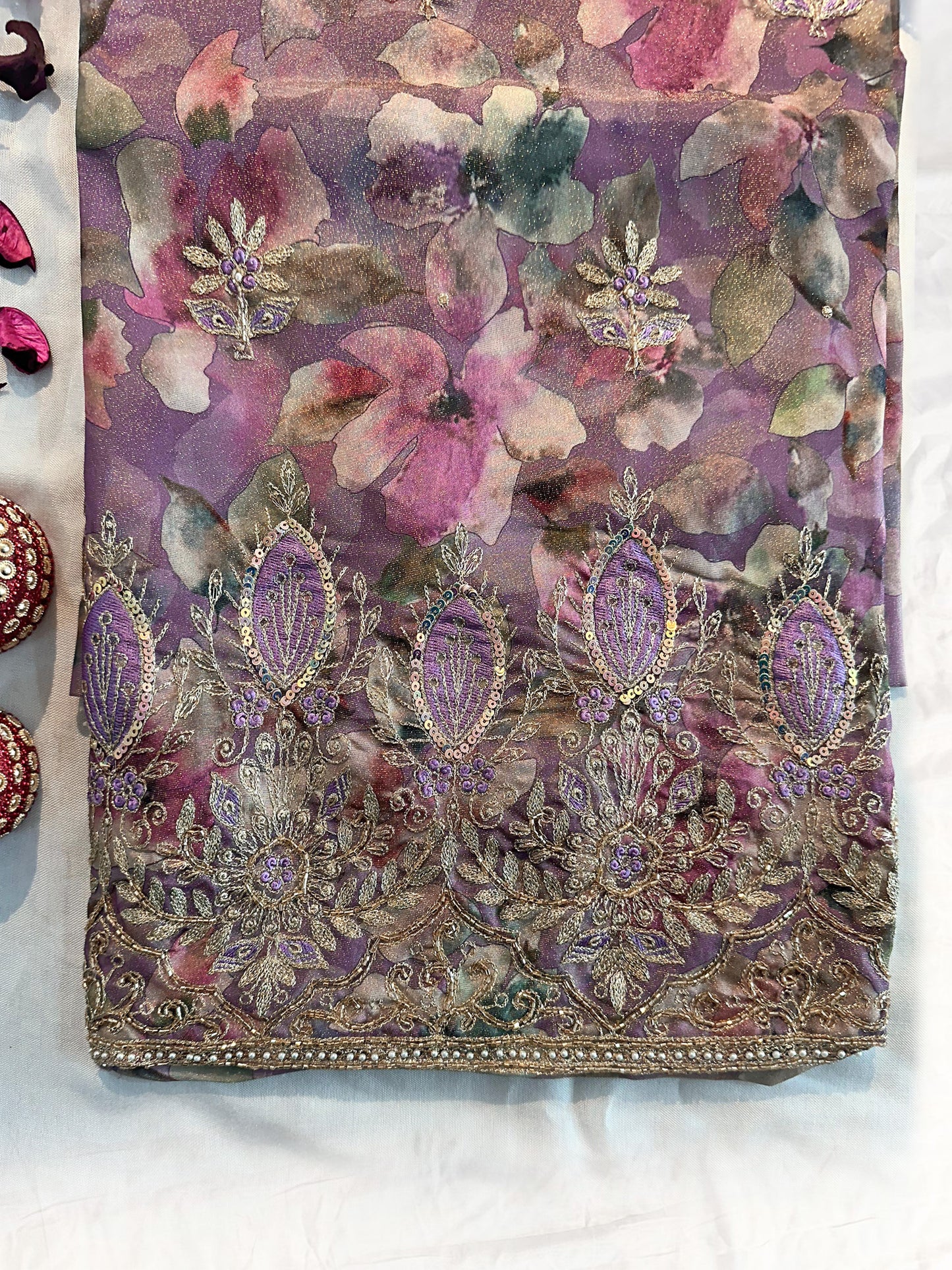Shimmer Silk Unstitched Suit Set  Purple and Green Color
