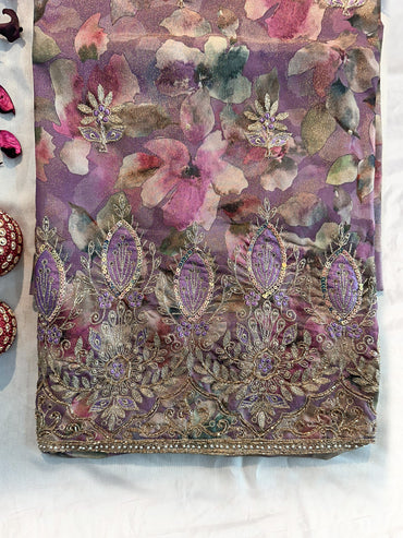 Shimmer Silk Unstitched Suit Set  Purple and Green Color