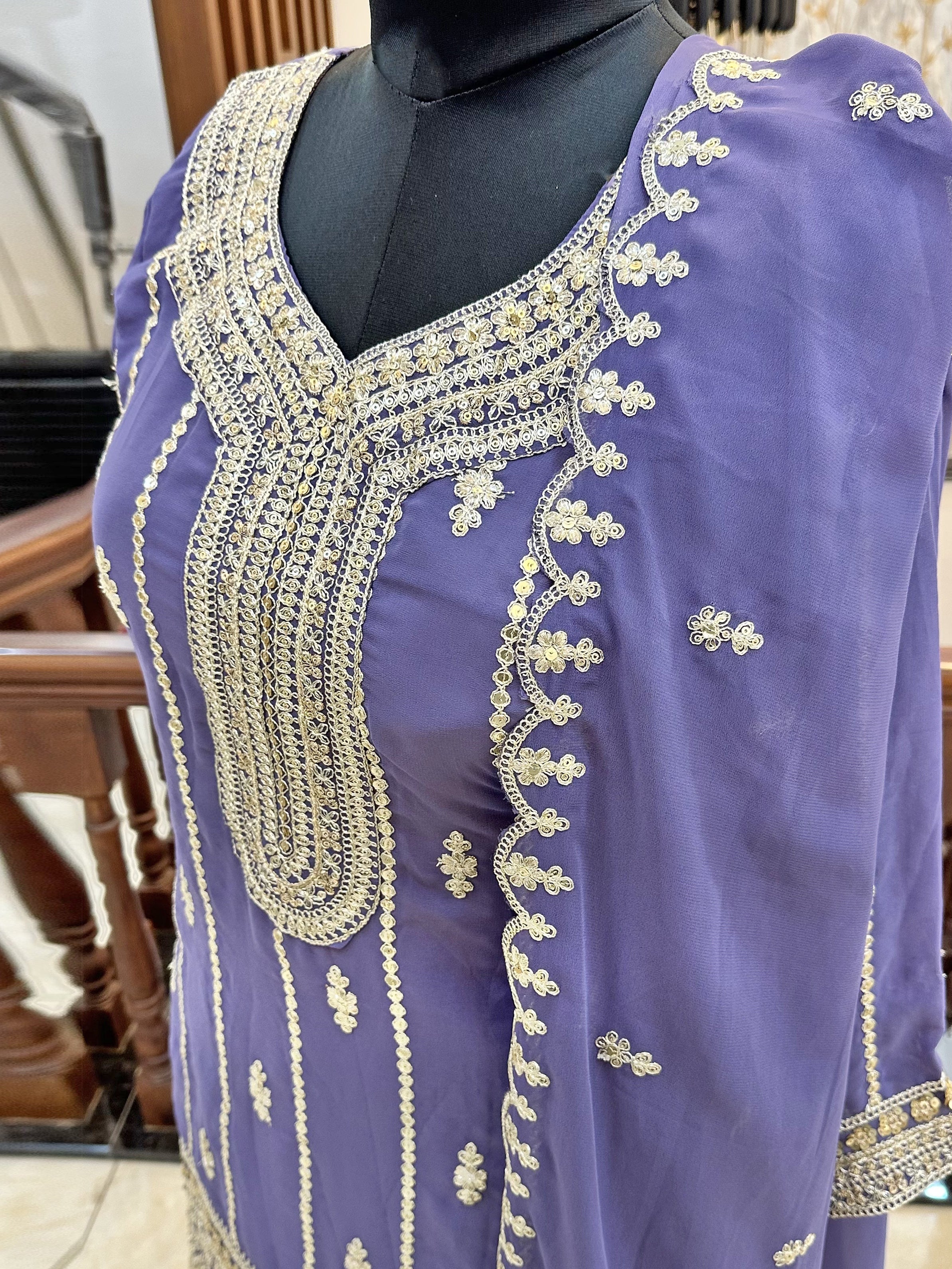Georgette Fabric Stitched Lehenga Set Purple Color