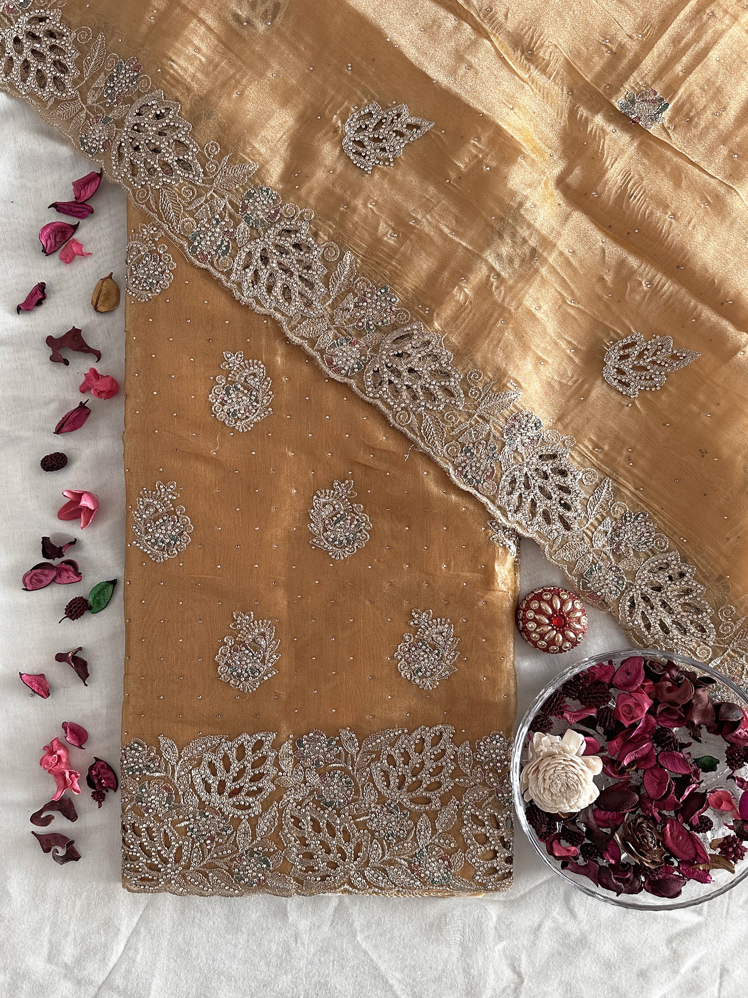 Sasha Fabric Gold and Green Color Unstitched Suit Set