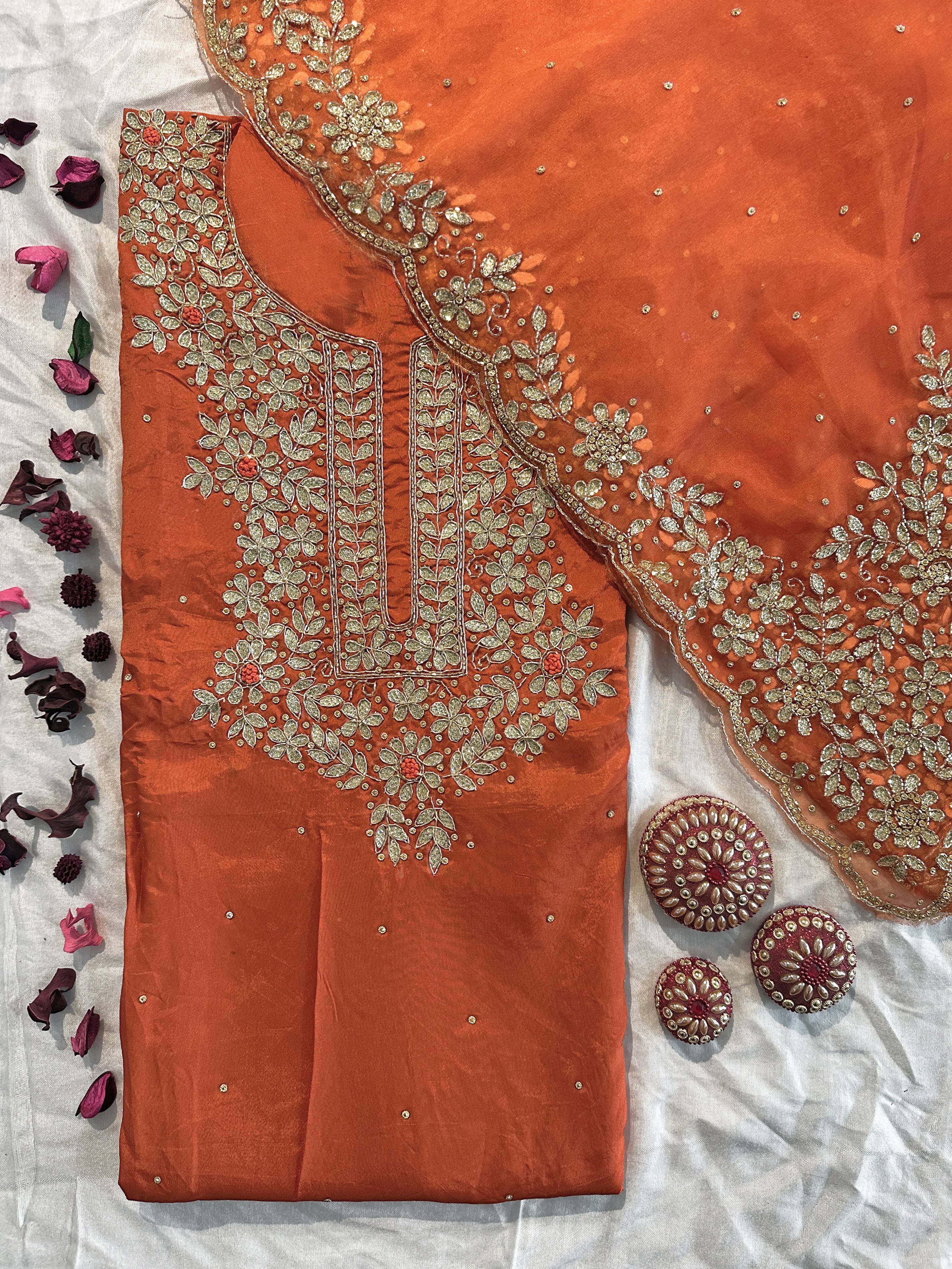 Crepe Fabric Orange color Unstitched Suit Set