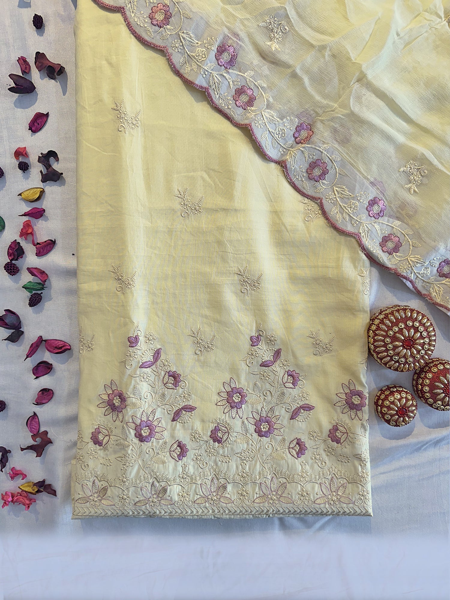 Muslin Fabric Unstitched Suit Set Lemon Color
