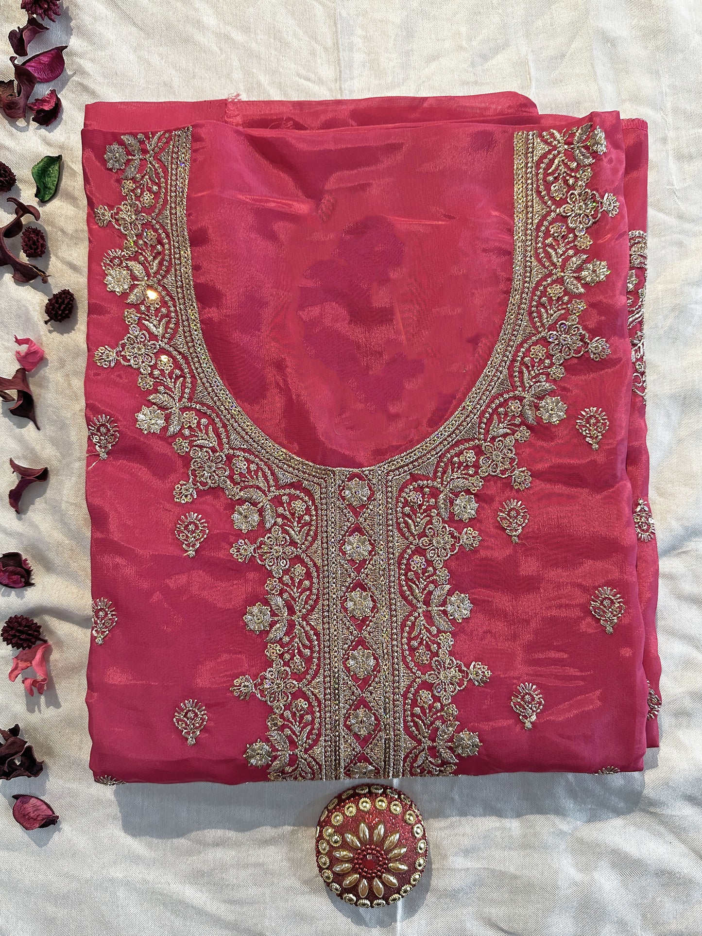 Crepe Fabric Embroidered Unstitched Suit Set | Magenta and Peach