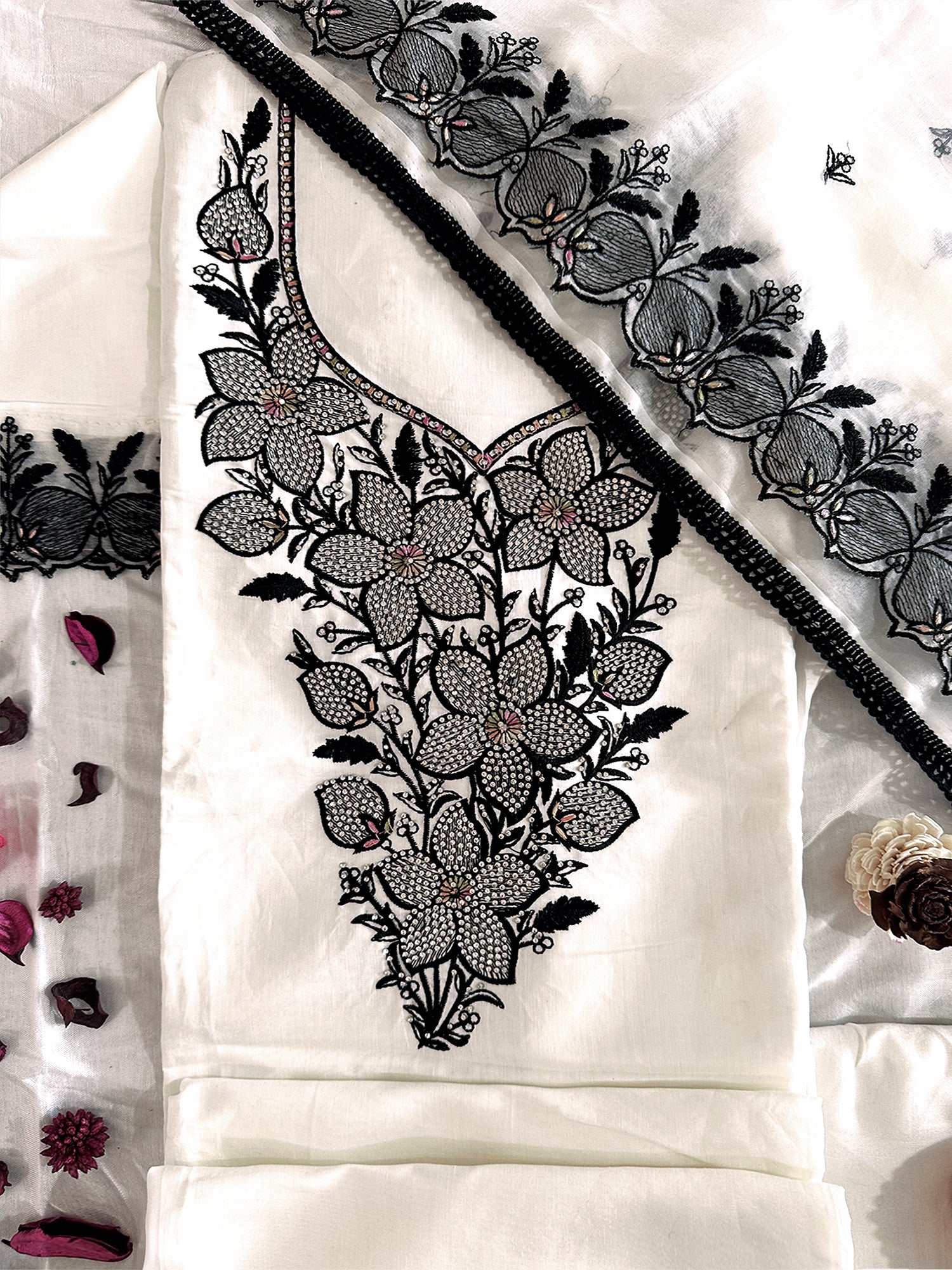 Muslin Fabric Unstitched Suit Set White and Black
