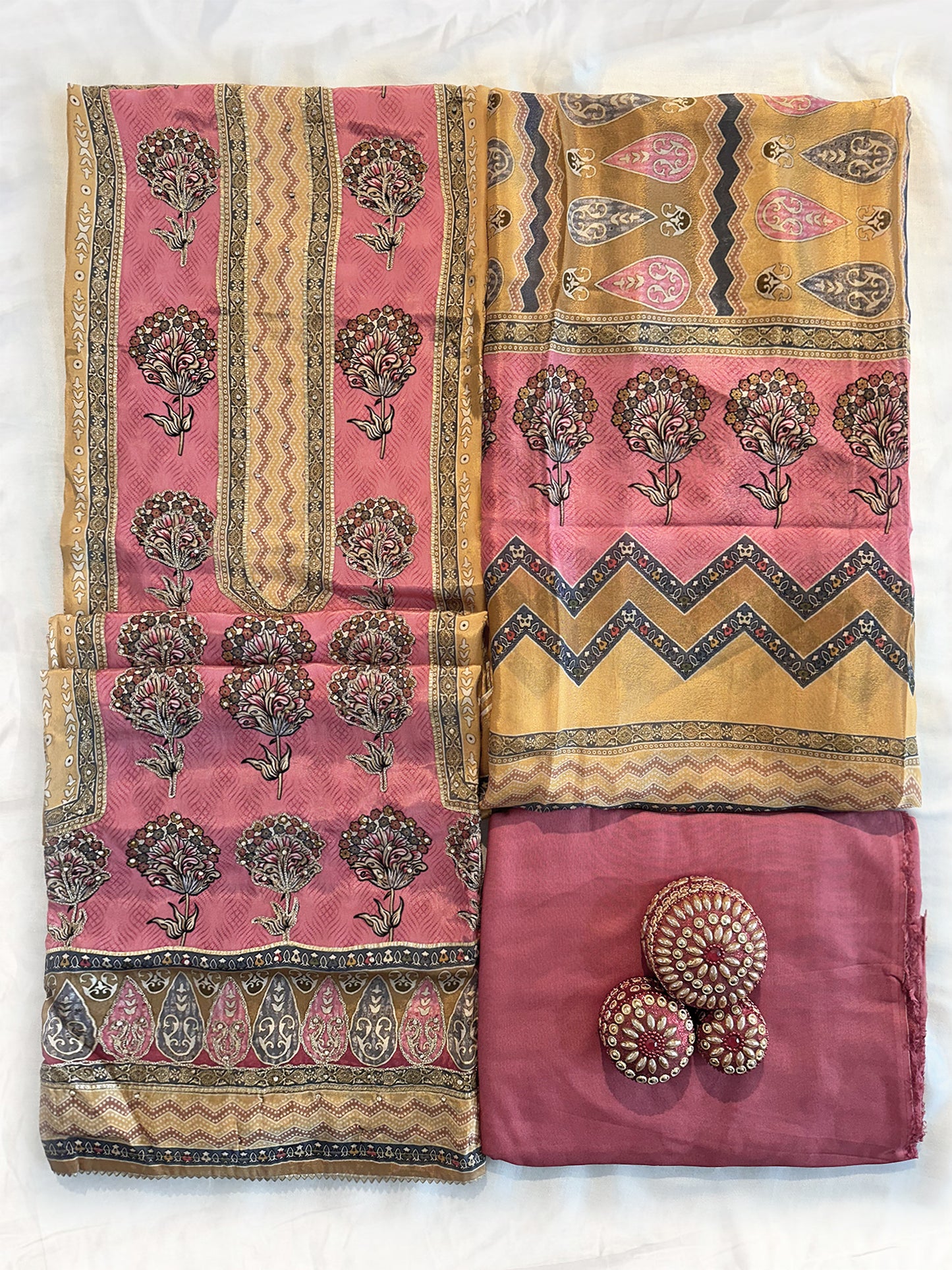 Butter Crepe Fabric Unstitched Suit Set Mustard-Pink
