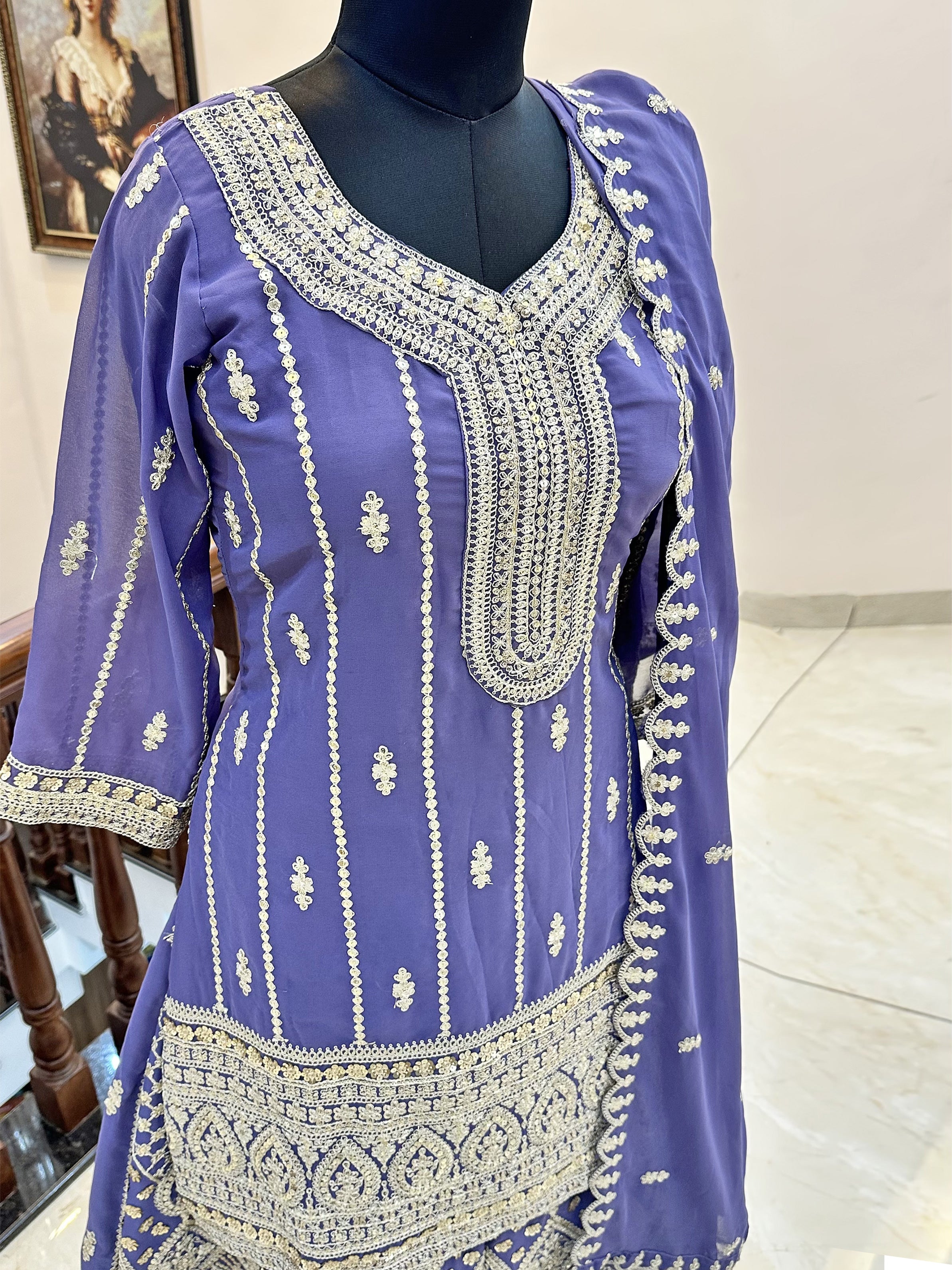 Georgette Fabric Stitched Lehenga Set Purple Color