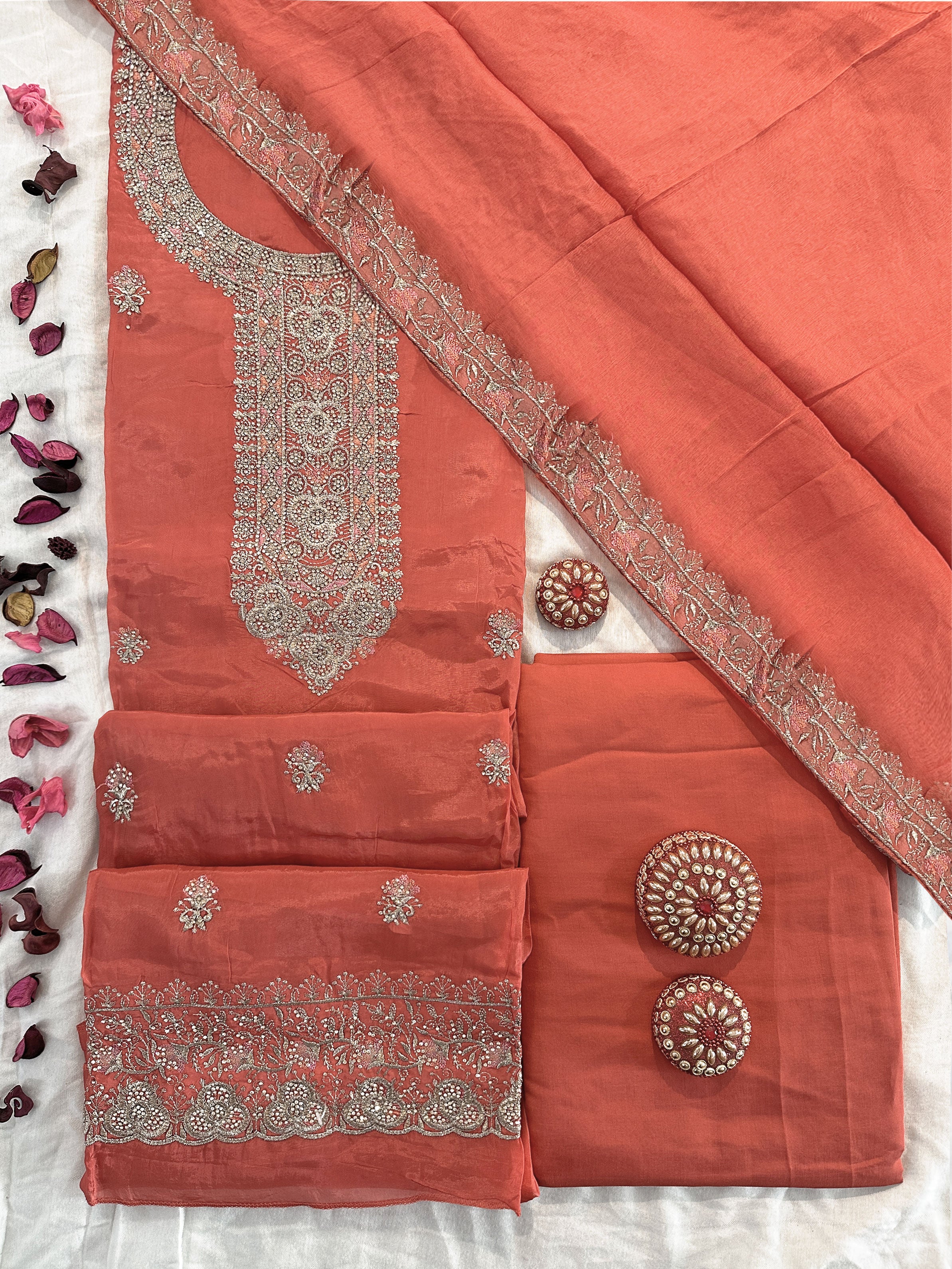 Crepe Fabric Magenta and Peach colors Unstitched Suit Set