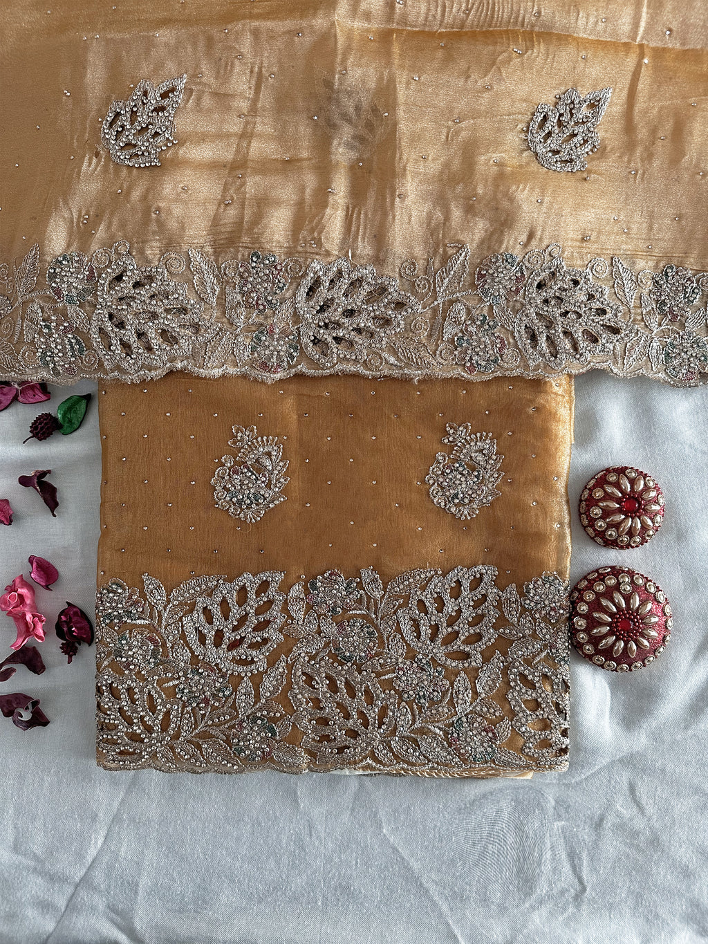 Sasha Fabric Gold and Green Color Unstitched Suit Set