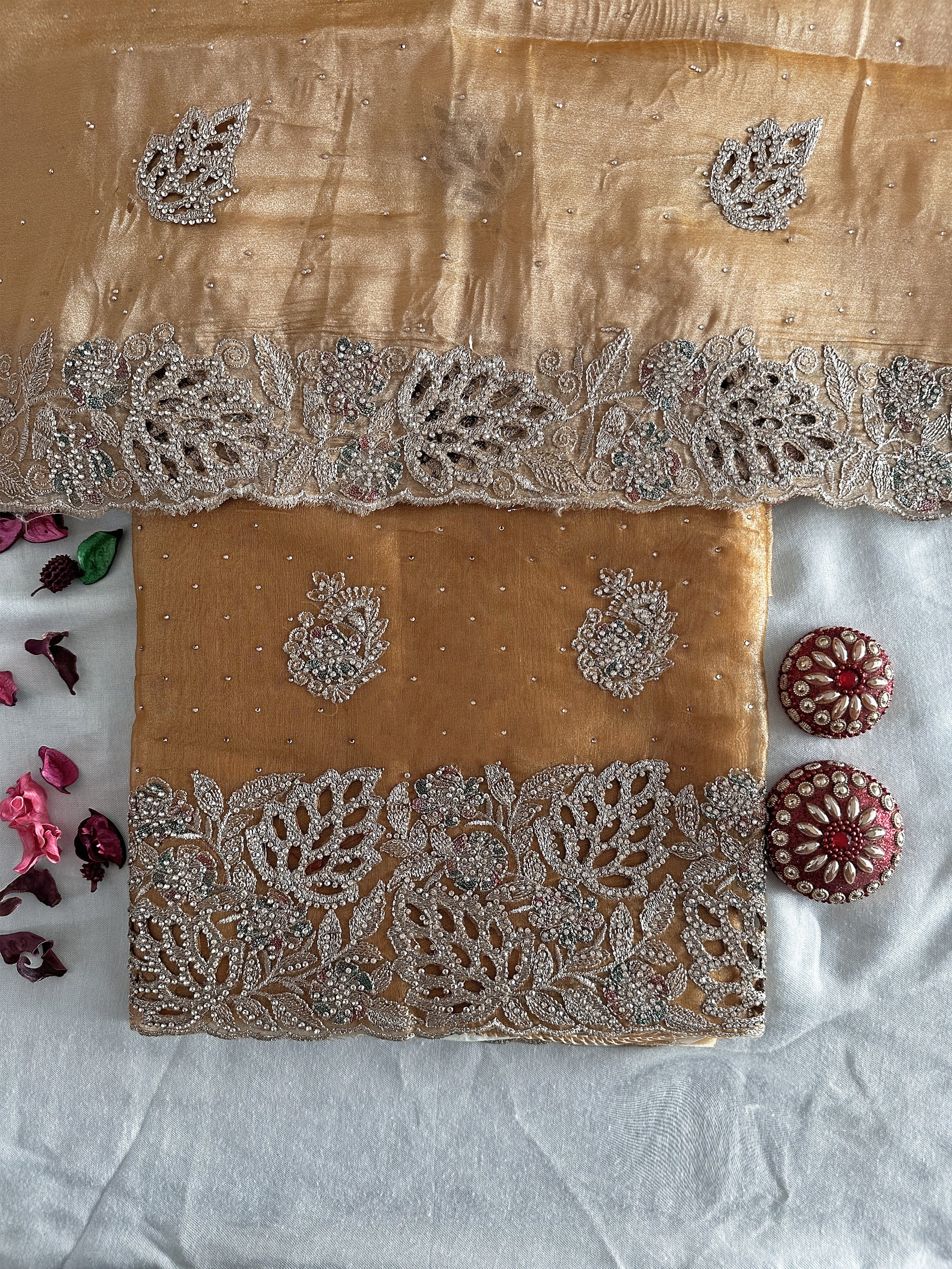 Sasha Fabric Gold and Green Color Unstitched Suit Set