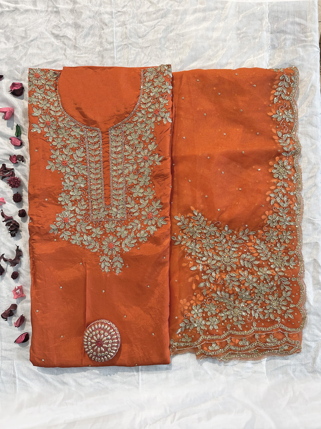 Crepe Fabric Orange color Unstitched Suit Set