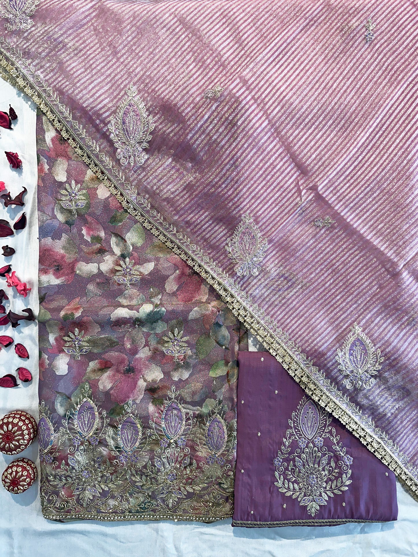 Shimmer Silk Unstitched Suit Set  Purple and Green Color
