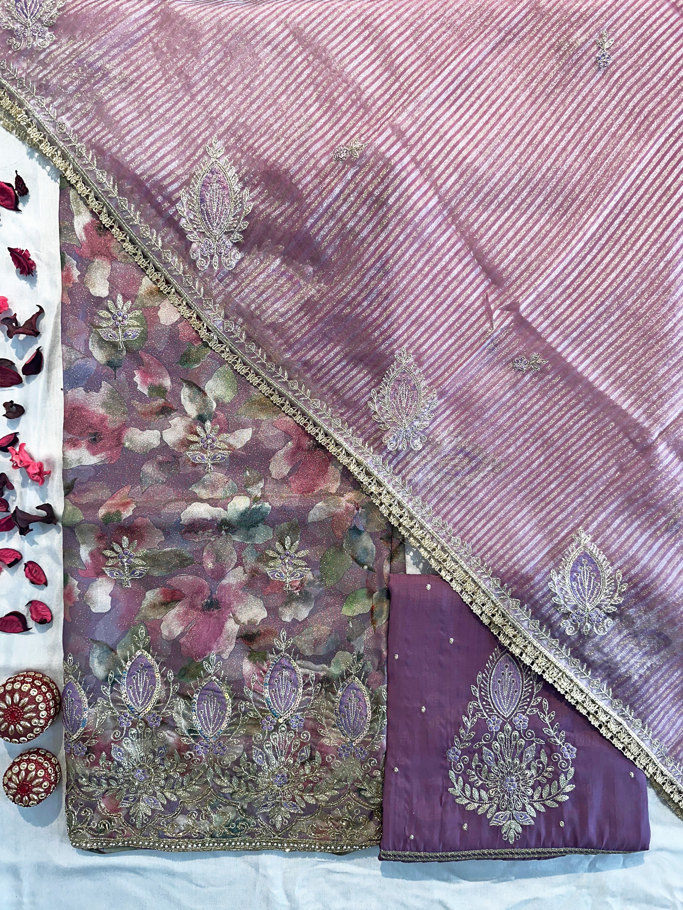 Shimmer Silk Purple and Green Color Unstitched Suit Set