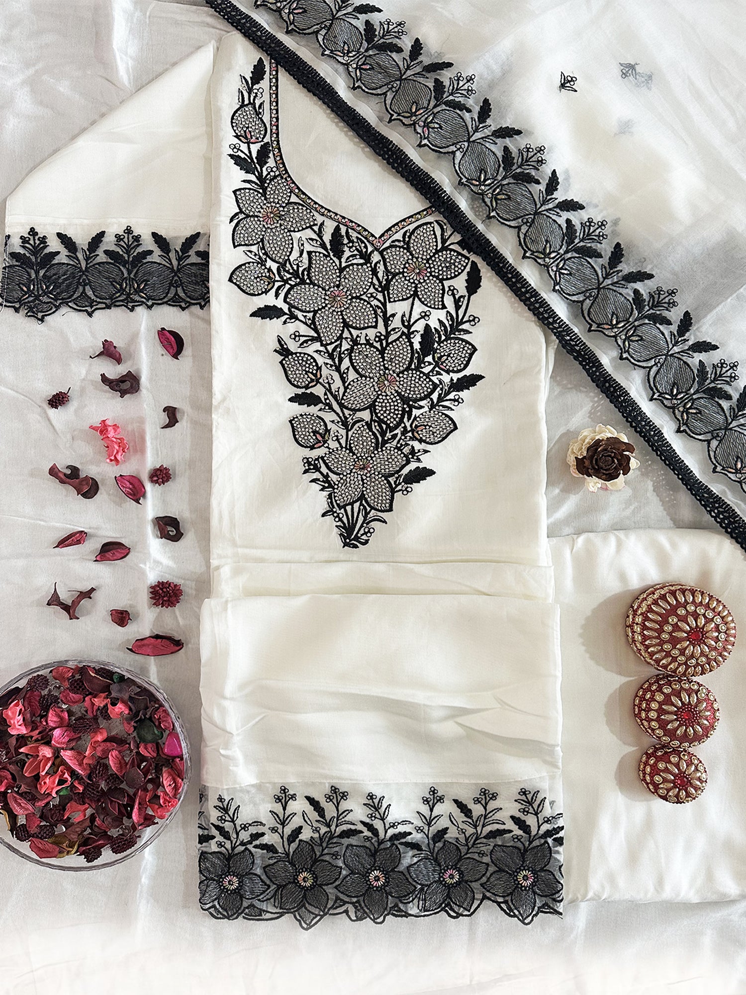 Muslin Fabric Unstitched Suit Set White and Black