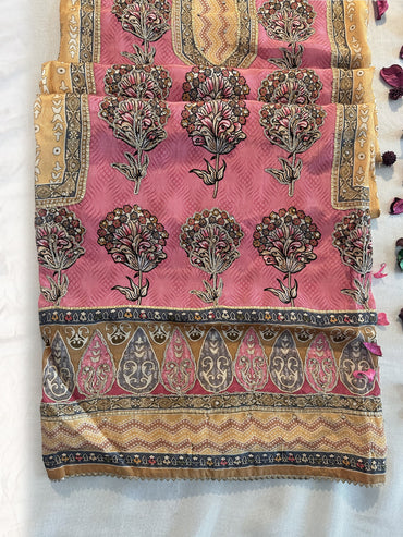 Butter Crepe Fabric Unstitched Suit Set Mustard-Pink