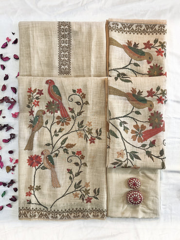 Shimmer Linen Fabric Unstitched Suit Set | Beige