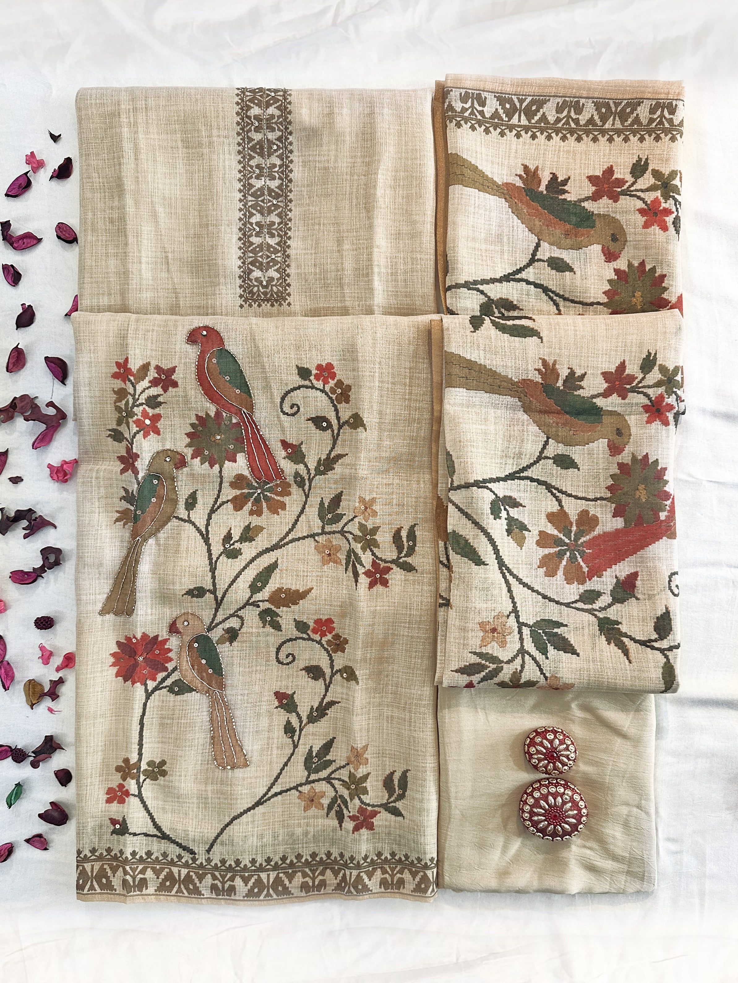 Shimmer Linen Fabric Beige Color Unstitched Suit Set