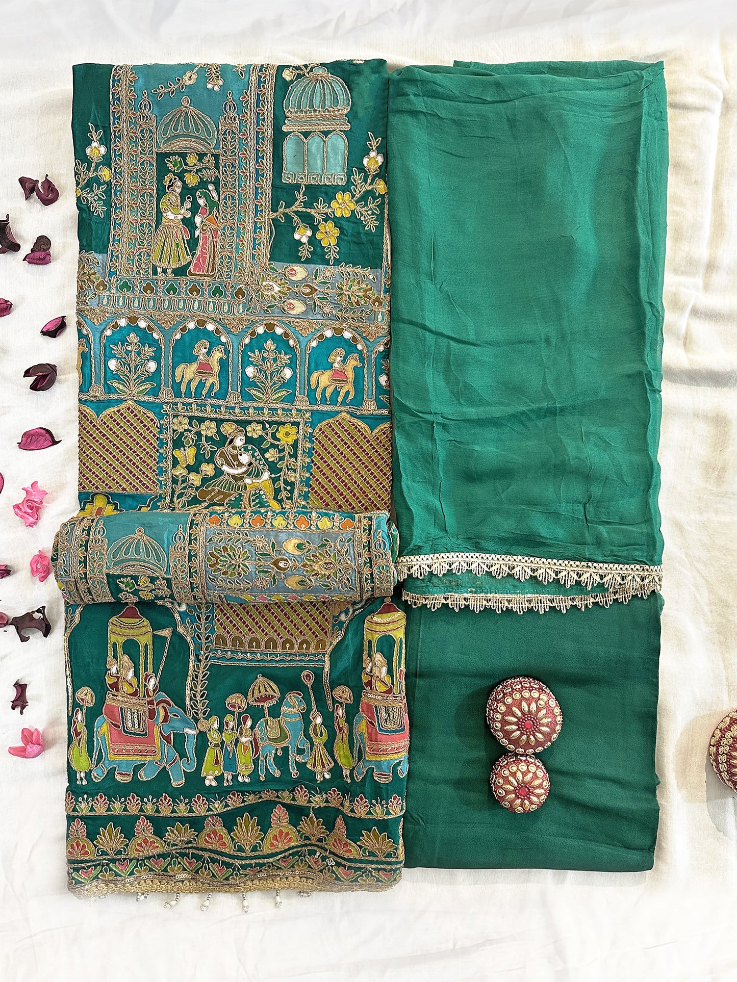 Crepe Fabric Raja Rani Unstitched Suit Set Brown & Green