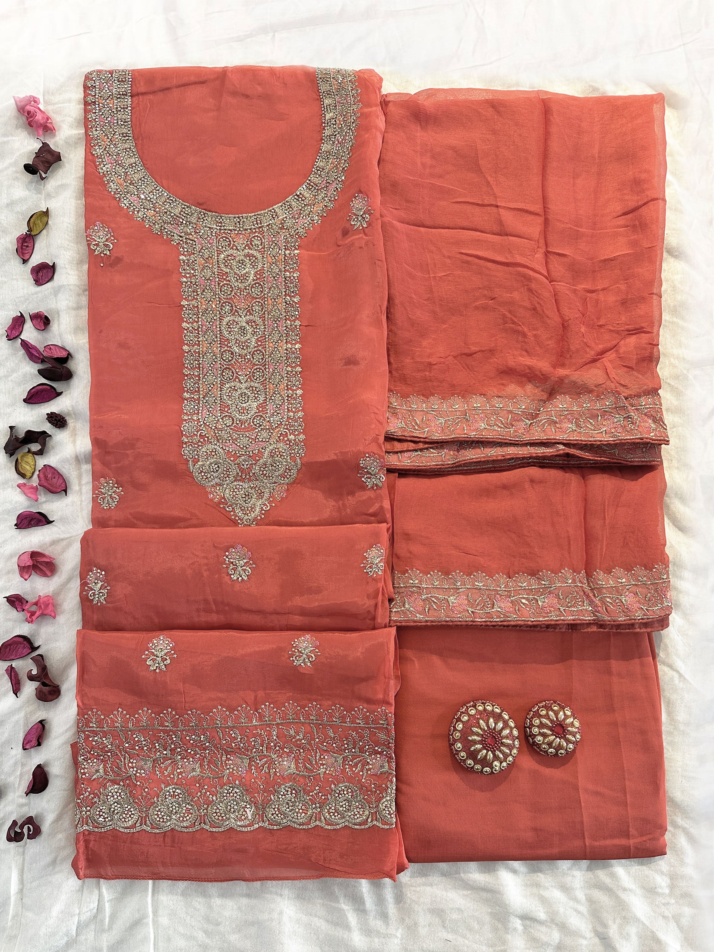 Crepe Fabric Magenta and Peach colors Unstitched Suit Set