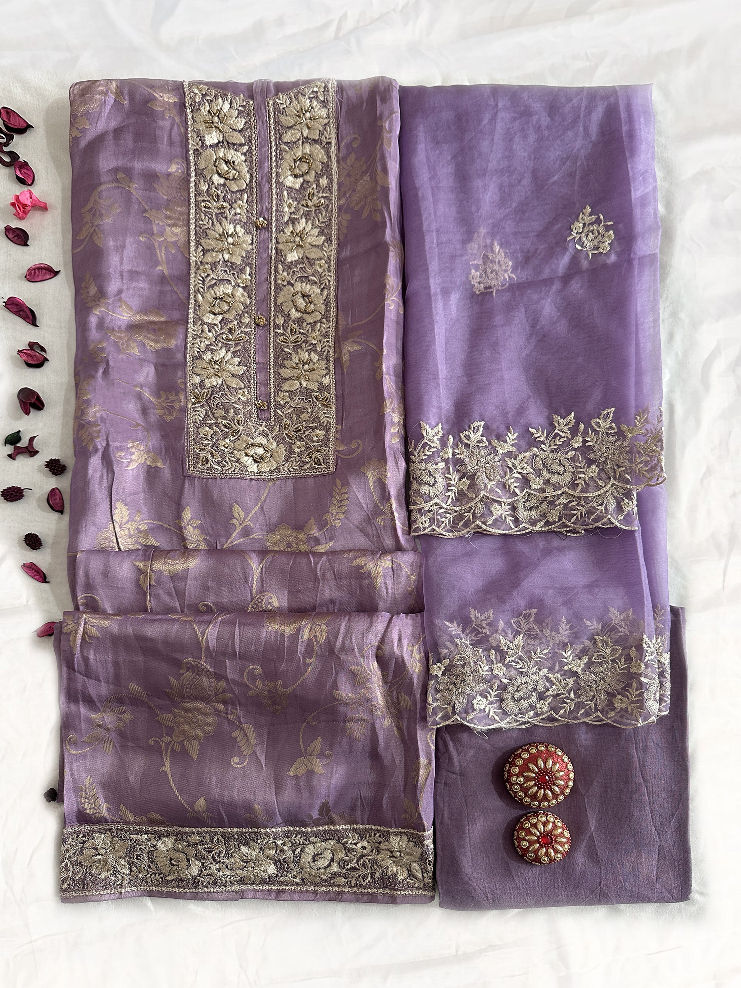 Shimmer Banarasi Fabric Purple Color Unstitched Suit Set