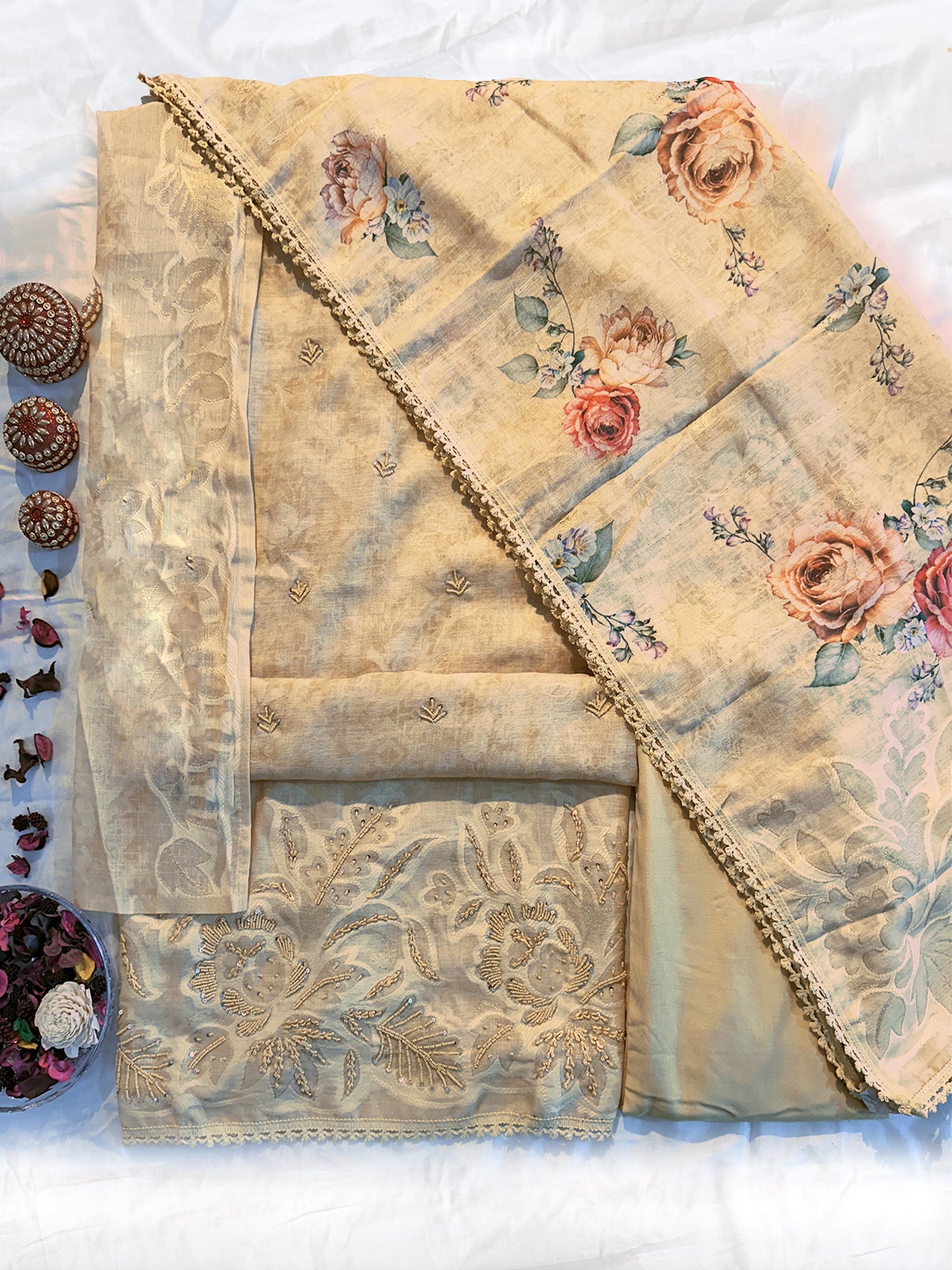 Linen Cotton Unstitched Suit Set Peach and Beige Colors