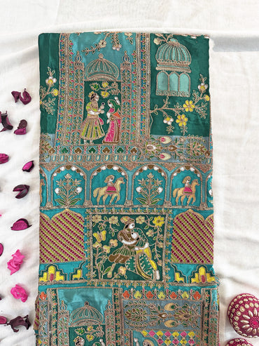 Crepe Fabric Raja Rani Unstitched Suit Set Brown & Green