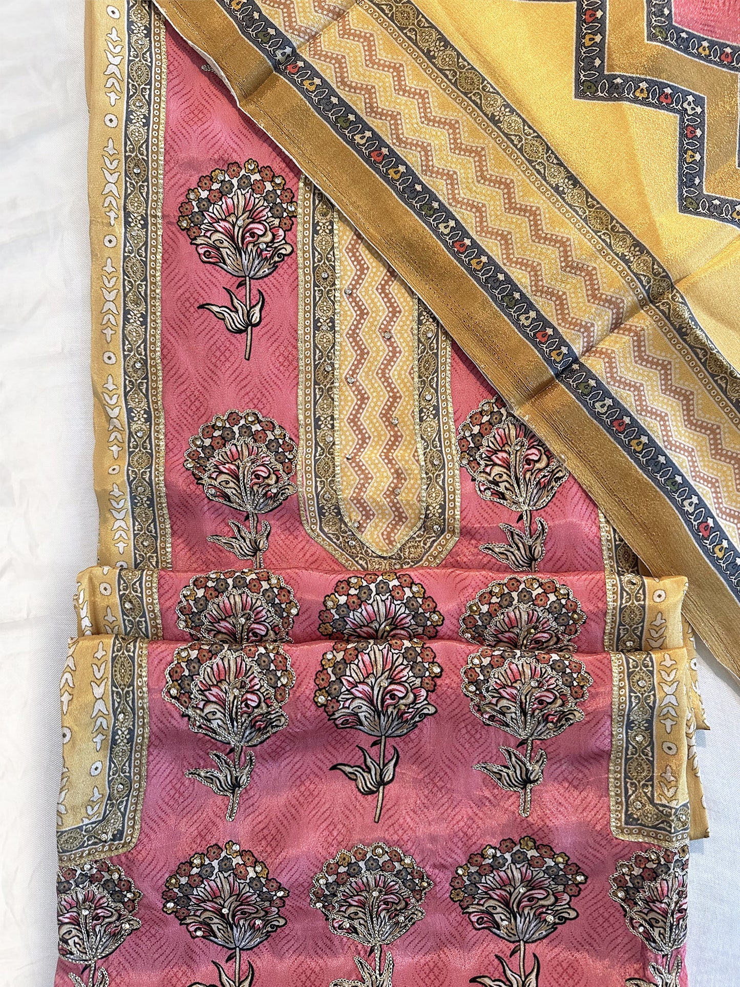 Butter Crepe Fabric Unstitched Suit Set Mustard-Pink
