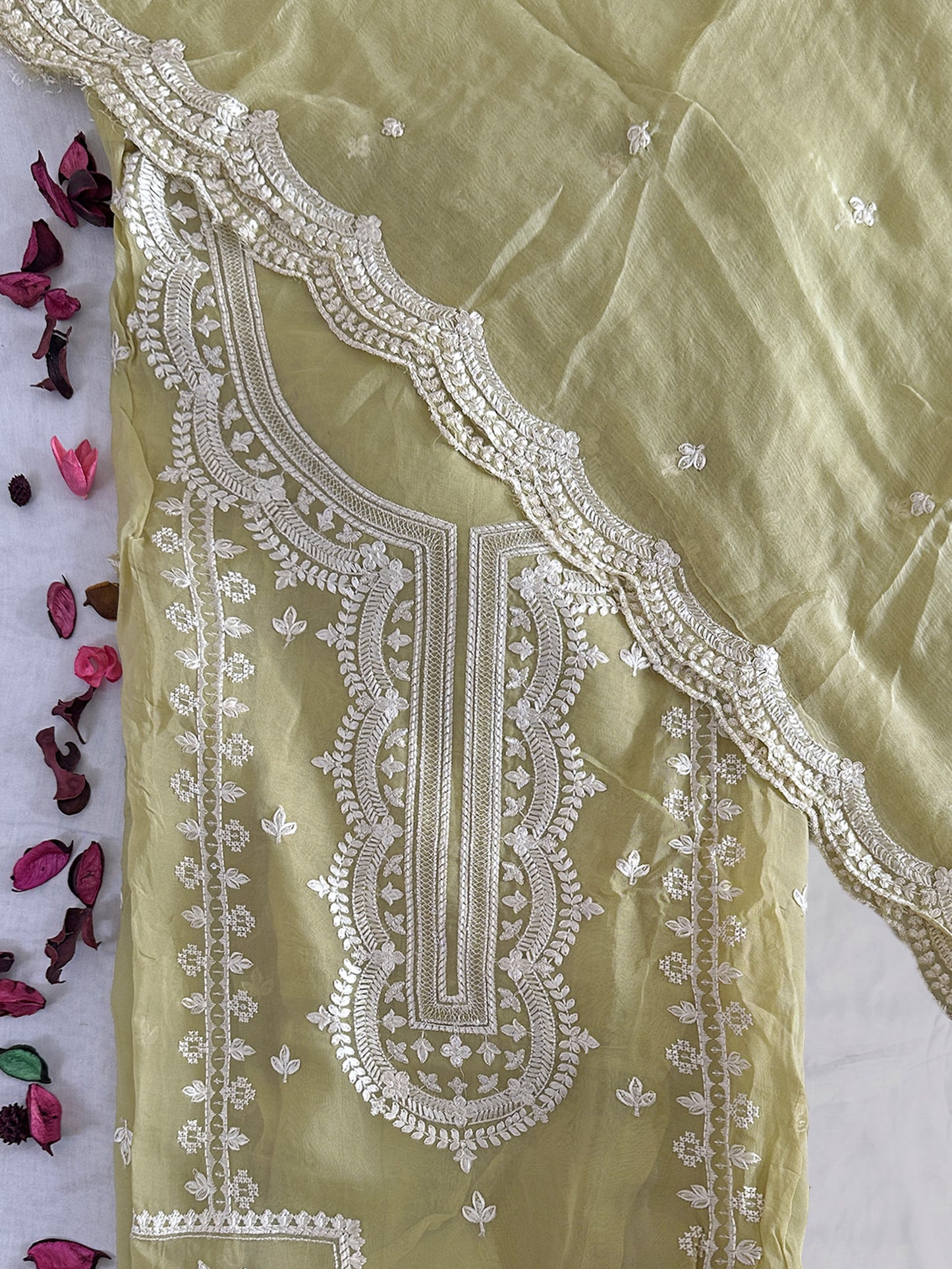 Organza Fabric Unstitched Suit Set Green Color