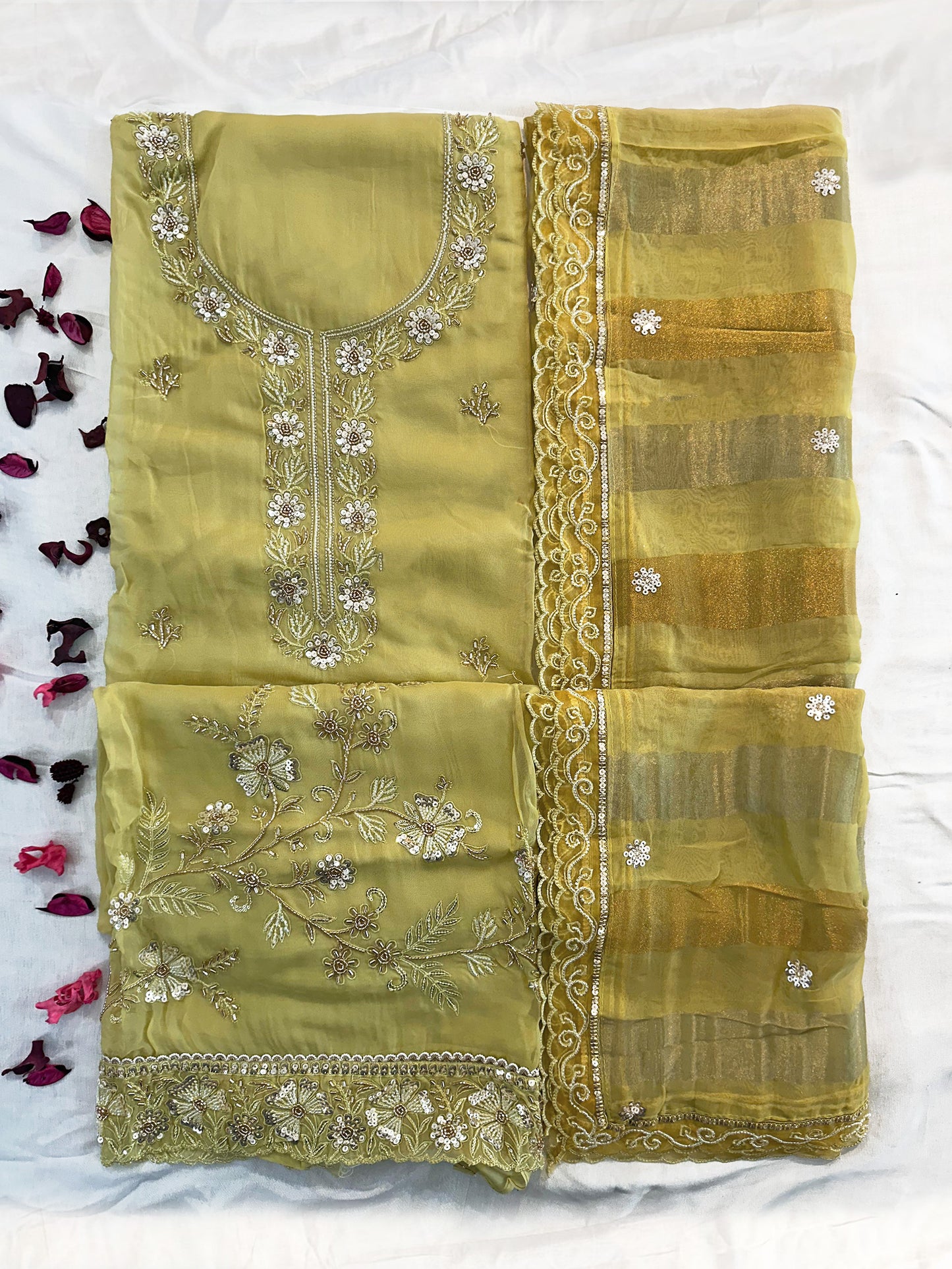 Viscose Organza 2 Green Colors Unstitched Suit Set