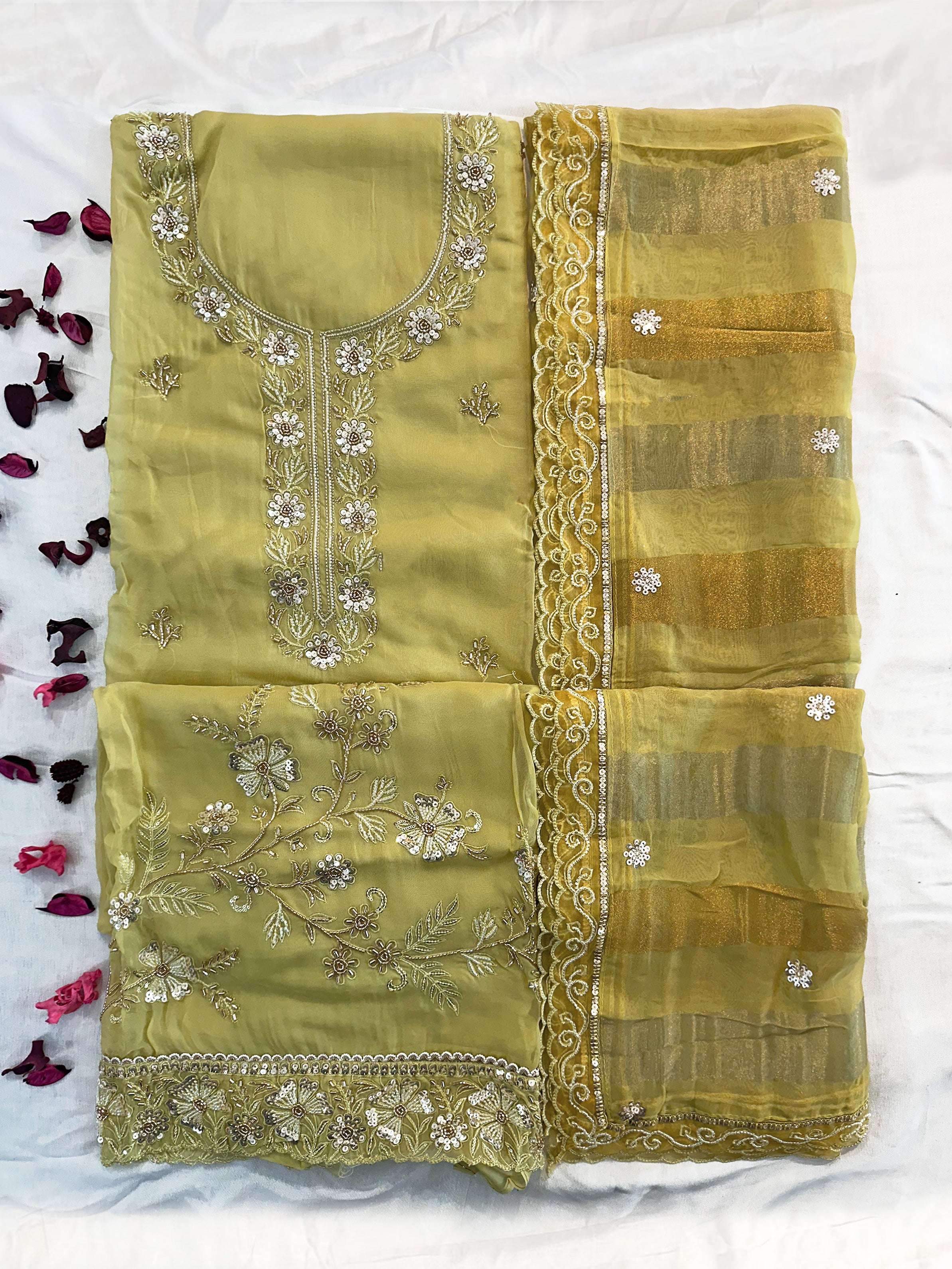 Viscose Organza 2 Green Colors Unstitched Suit Set