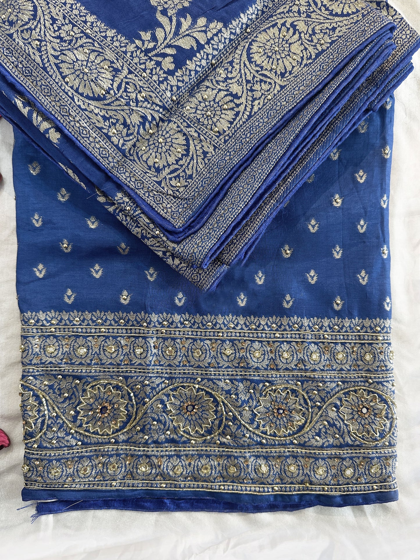 Ganga Silk Fabric Unstitched Suit Set | Frozi & Royal Blue
