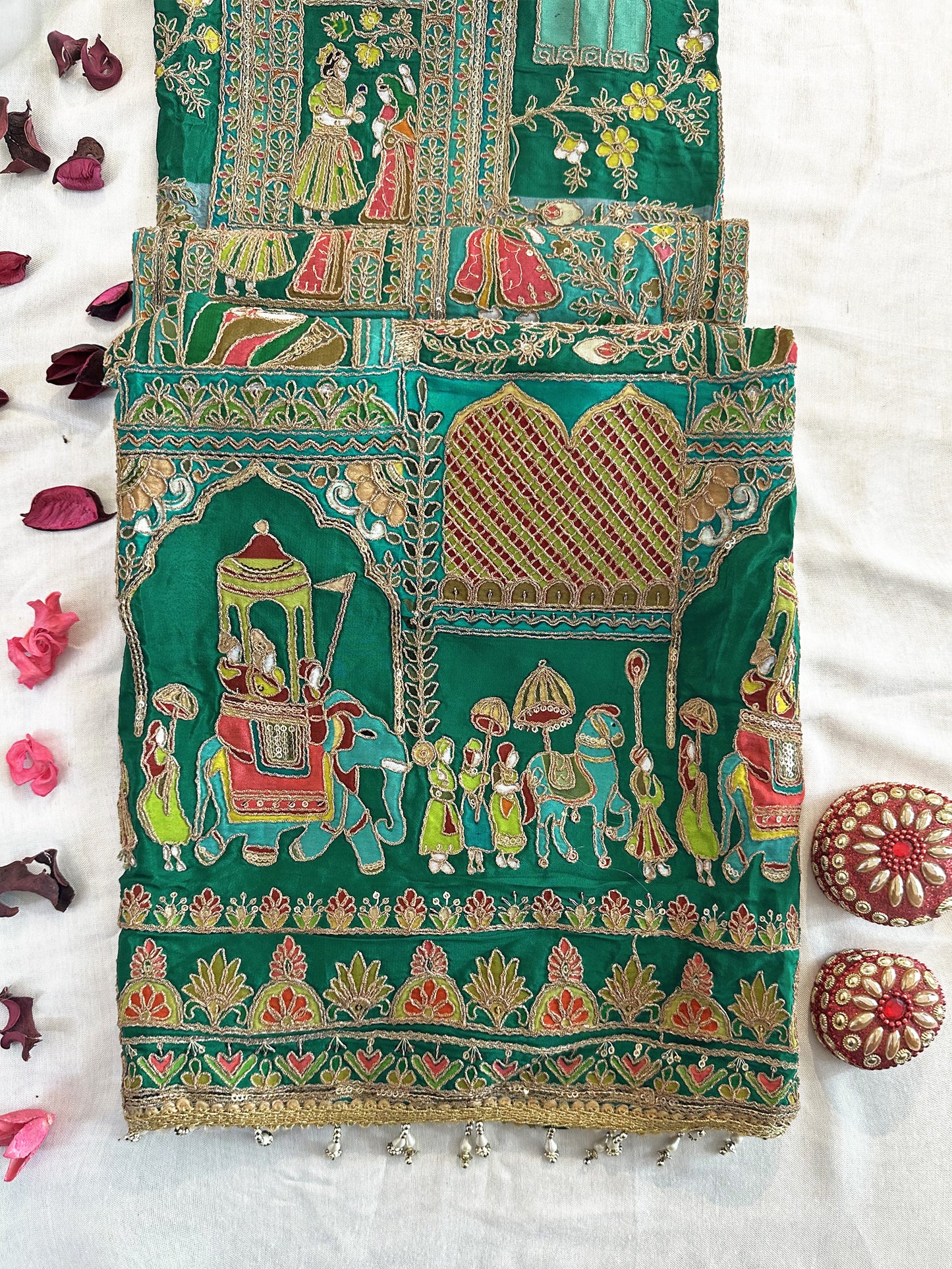 Crepe Fabric Raja Rani Unstitched Suit Set Brown & Green