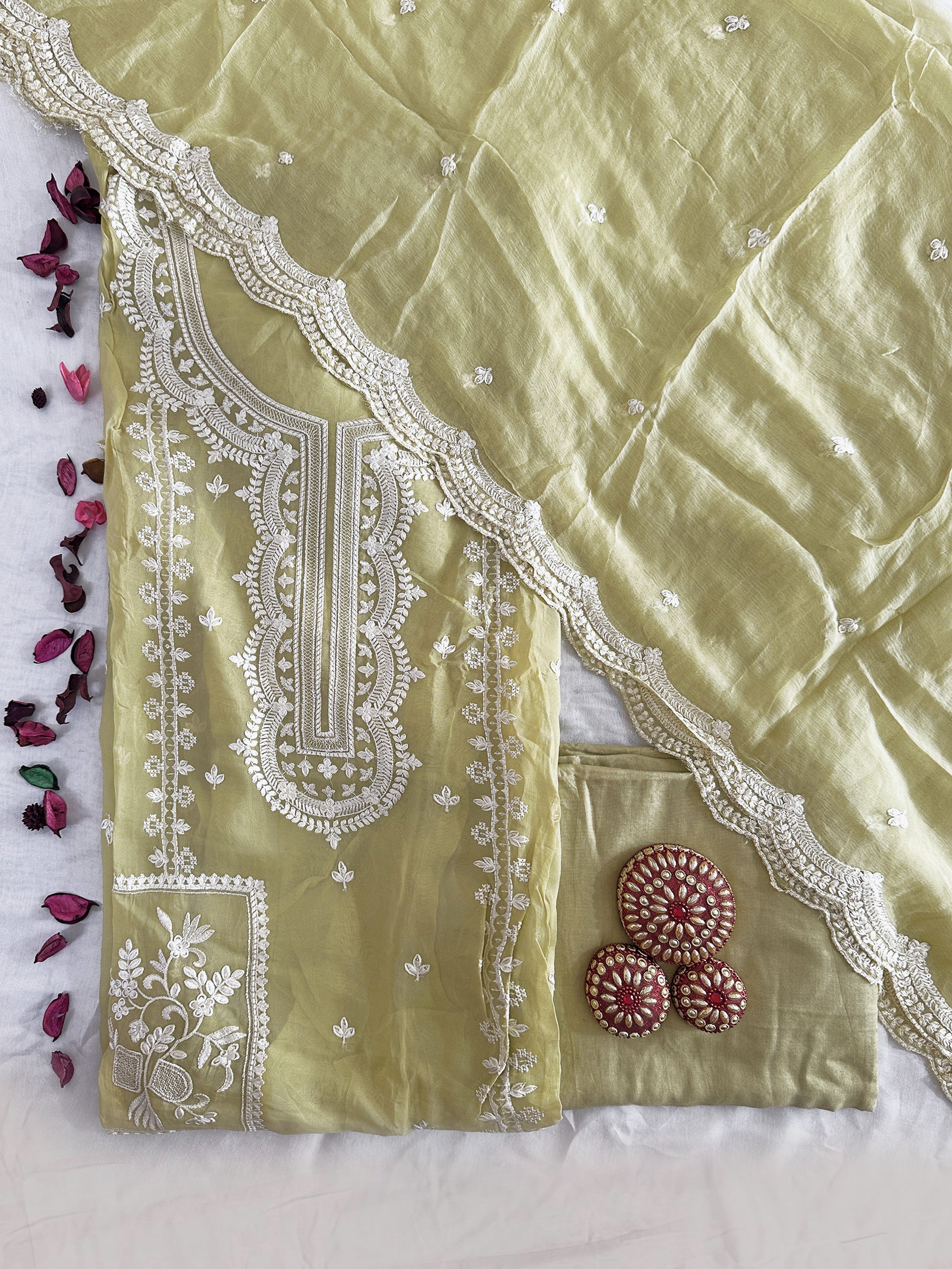 Organza Fabric Green Color Unstitched Suit Set
