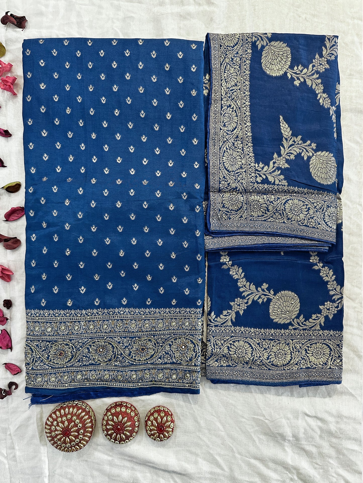 Ganga Silk Fabric Unstitched Suit Set | Frozi & Royal Blue