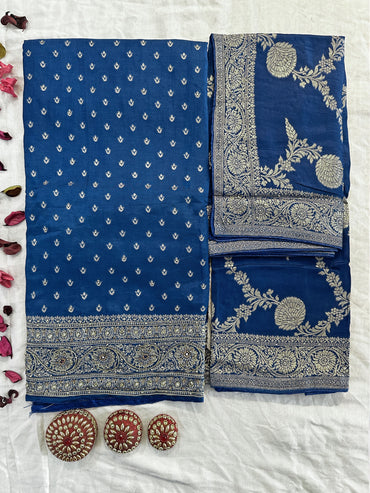Ganga Silk Fabric Unstitched Suit Set | Frozi & Royal Blue