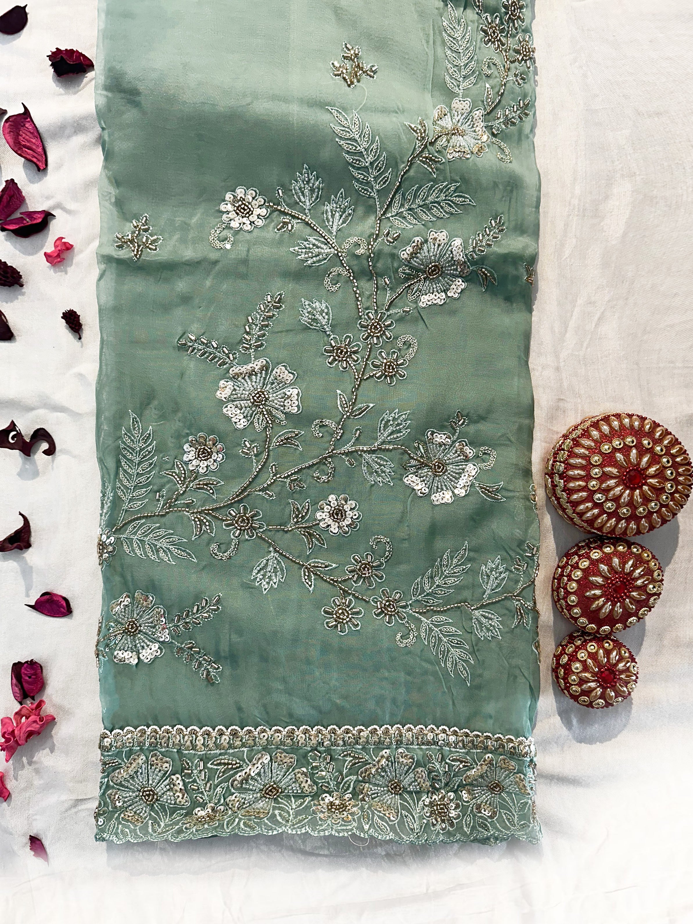 Viscose Organza 2 Green Colors Unstitched Suit Set