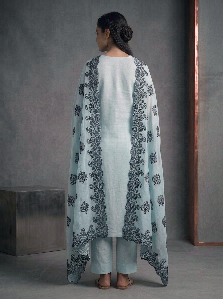 Embroidered Cotton Suit Set with Cutwork Dupatta – Ice Blue