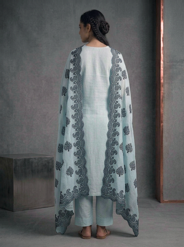 Embroidered Cotton Suit Set with Cutwork Dupatta – Ice Blue